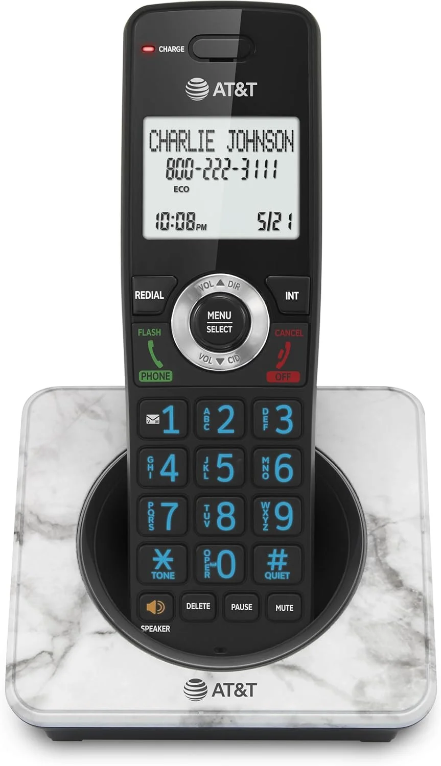 تلفن بی سیم خانگی AT&T GL2101-1M DECT 6.0 با قابلیت مسدود کردن تماس، نمایشگر شناسه تماس گیرنده، بلندگوی گوشی با قابلیت مکالمه دو طرفه، صفحه نمایش 2 اینچی با نور پس زمینه سفید، صفحه کلید روشن (طرح مرمر)