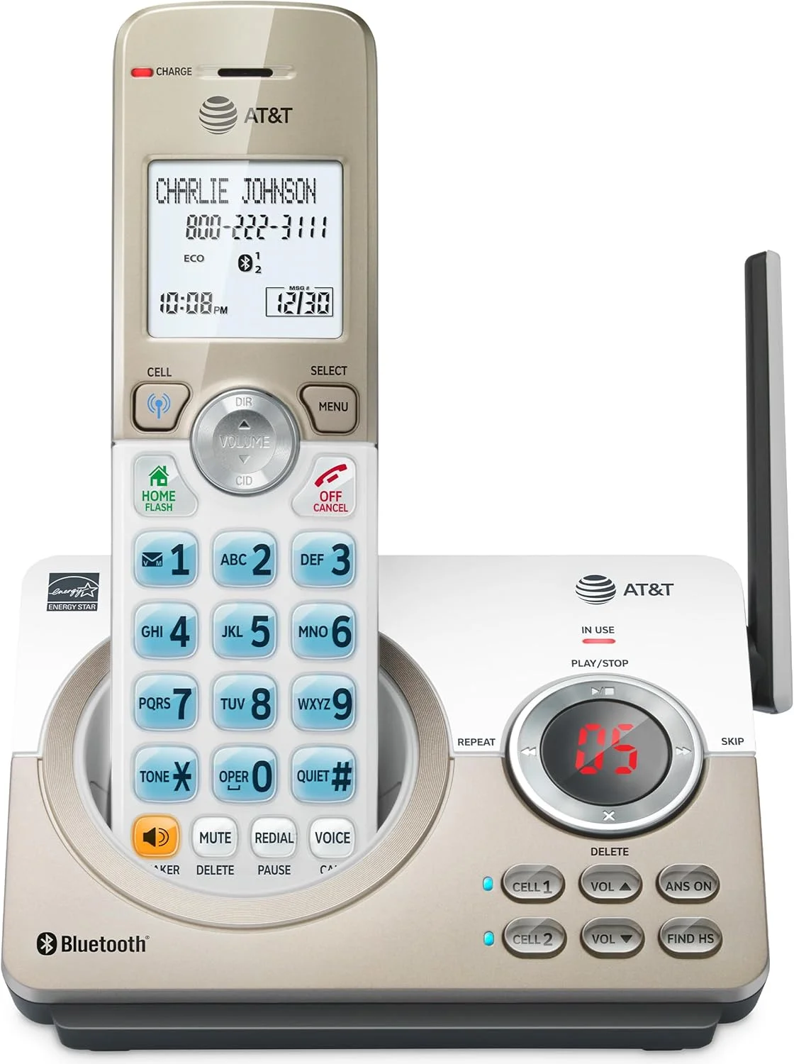 تلفن بی سیم خانگی AT&T DL72119 DECT 6.0 با اتصال بلوتوث به تلفن همراه، مسدود کردن تماس، صفحه نمایش 1.8 اینچی با نور پس زمینه، دکمه های بزرگ، ارتباط داخلی و برد بی نظیر