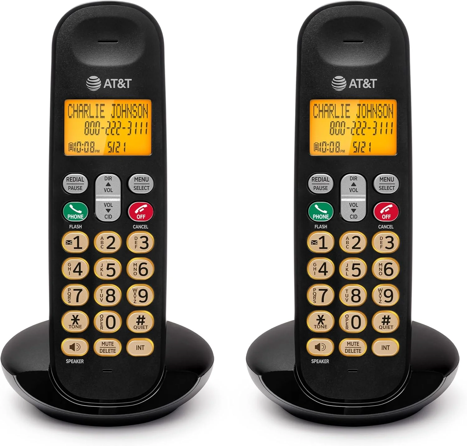 تلفن بی سیم AT&T با 2 گوشی، دارای صفحه نمایش LCD، صفحه کلید روشن، شناسه تماس گیرنده/انتظار تماس، تلفن هندزفری دو طرفه DECT 6.0، حالت ECO، نشانگر پیام صوتی، حالت بی صدا، اینترکام: EL1101-2