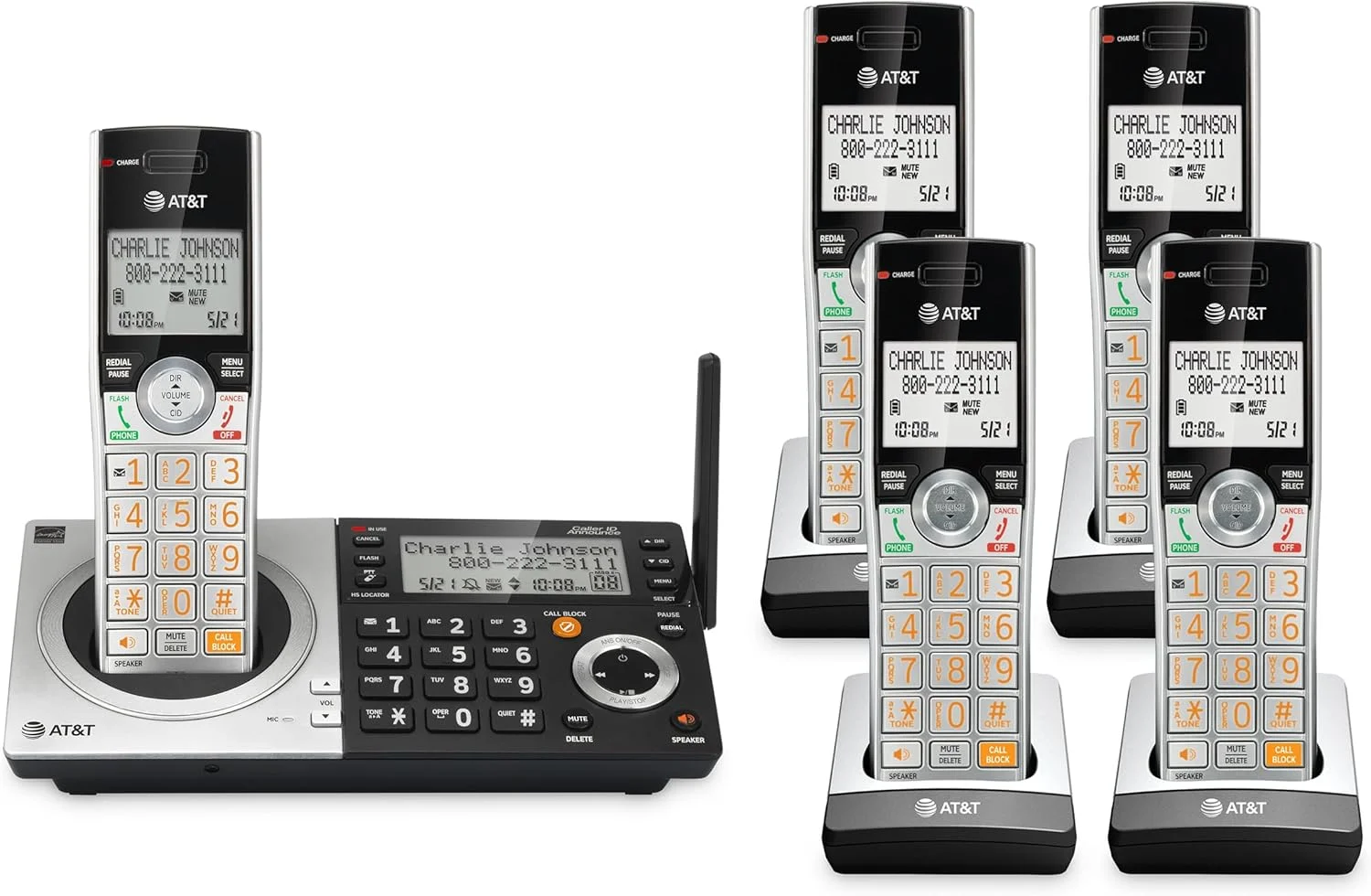 تلفن بی سیم 5 گوشی AT&T CL83507 DECT 6.0 برای منزل با پایه صفحه کلید دوگانه، منشی تلفنی، مسدود کردن تماس، اعلام کننده شناسه تماس گیرنده، اینترکام و برد طولانی، نقره ای/مشکی