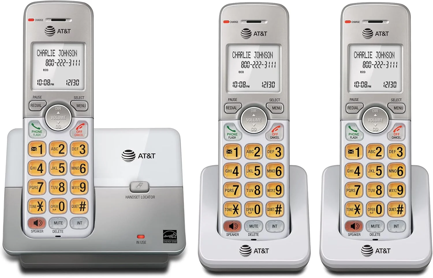 تلفن بی سیم خانگی AT&T EL51303 DECT 6.0 با 3 گوشی، دارای بلندگوی دو طرفه، صفحه نمایش با نور پس زمینه، صفحه کلید روشن، شناسه تماس گیرنده/انتظار تماس، دفترچه تلفن، حالت Eco، کلید پست صوتی، حالت بی صدا، اینترکام