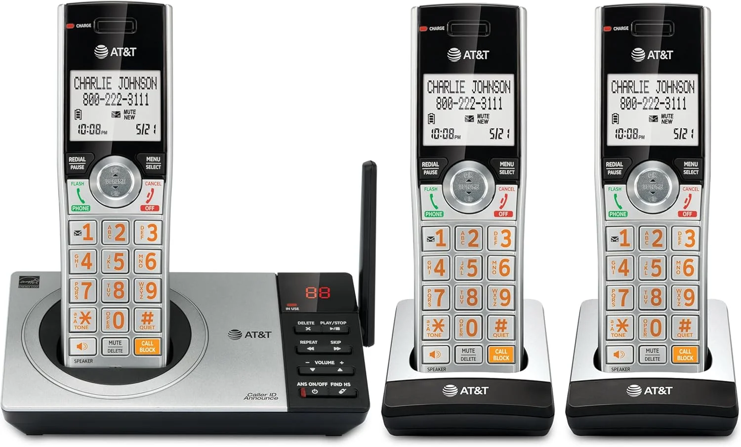 تلفن بی سیم قابل گسترش AT&T DECT 6.0 با سیستم پاسخگویی، نقره ای/مشکی با 3 گوشی