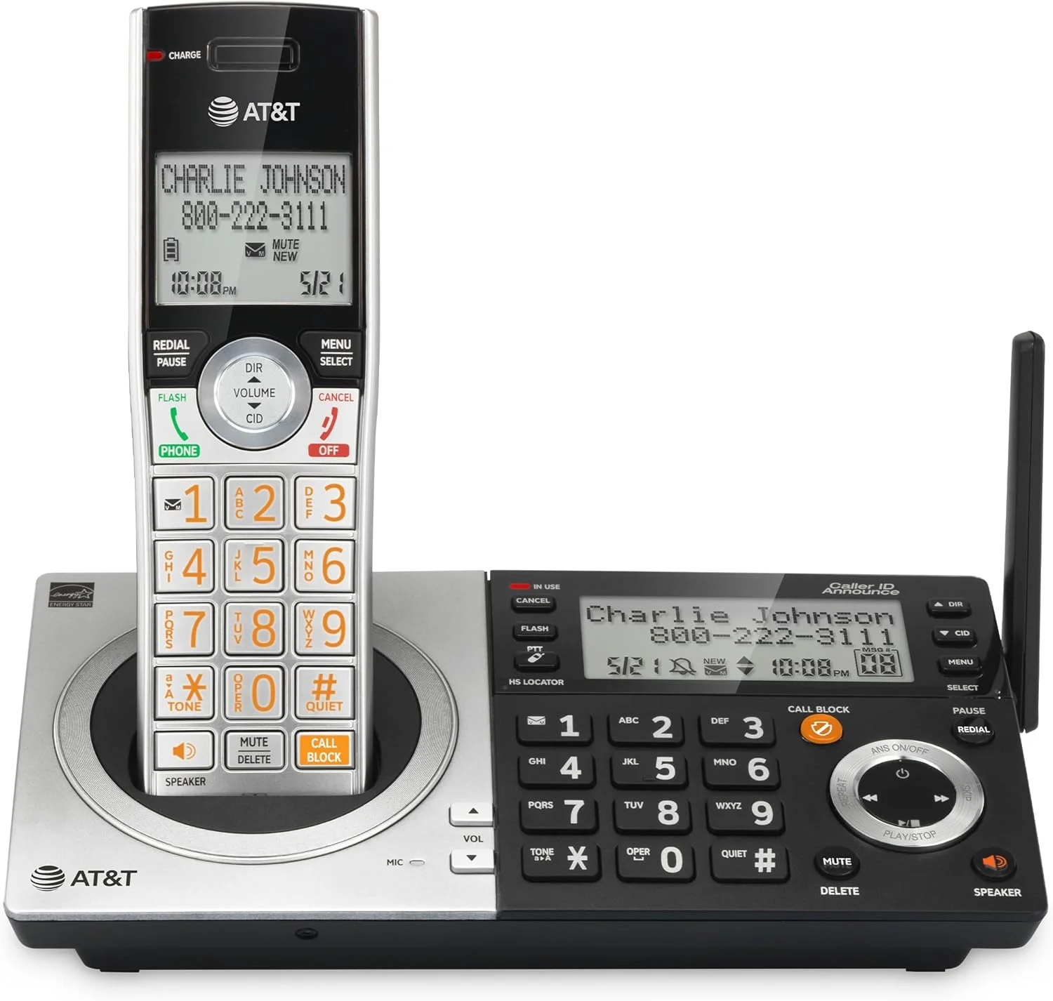 تلفن بی سیم خانگی AT&T CL83107 DECT 6.0 با پایه صفحه کلید دوگانه، منشی تلفنی، مسدود کردن تماس، اعلام شناسه تماس گیرنده، اینترکام و برد طولانی، نقره ای/مشکی