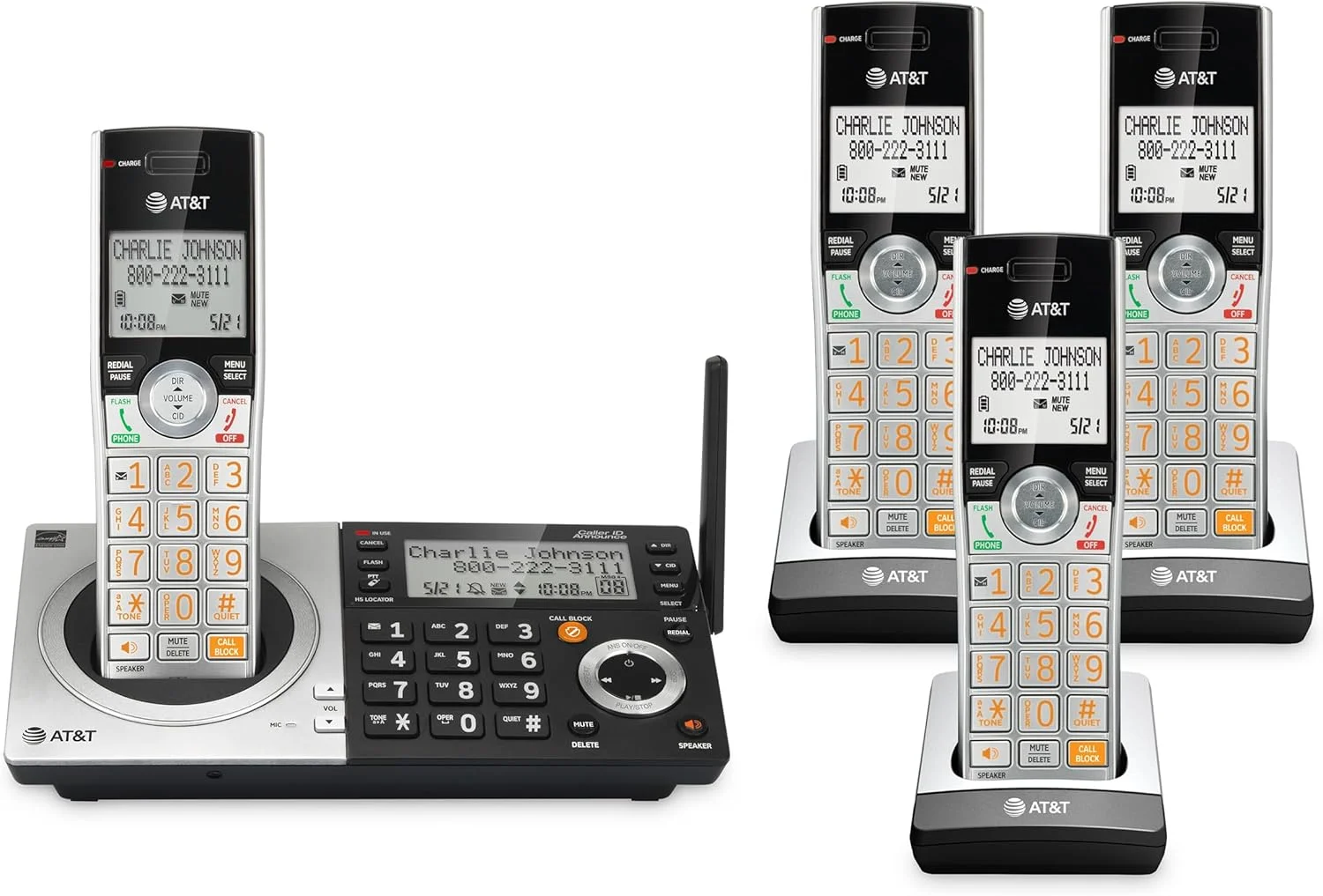 تلفن بی سیم 4 گوشی AT&T CL83407 DECT 6.0 برای منزل با پایه صفحه کلید دوگانه، منشی تلفنی، مسدود کردن تماس، اعلام شناسه تماس گیرنده، ارتباط داخلی و برد طولانی، نقره ای/مشکی