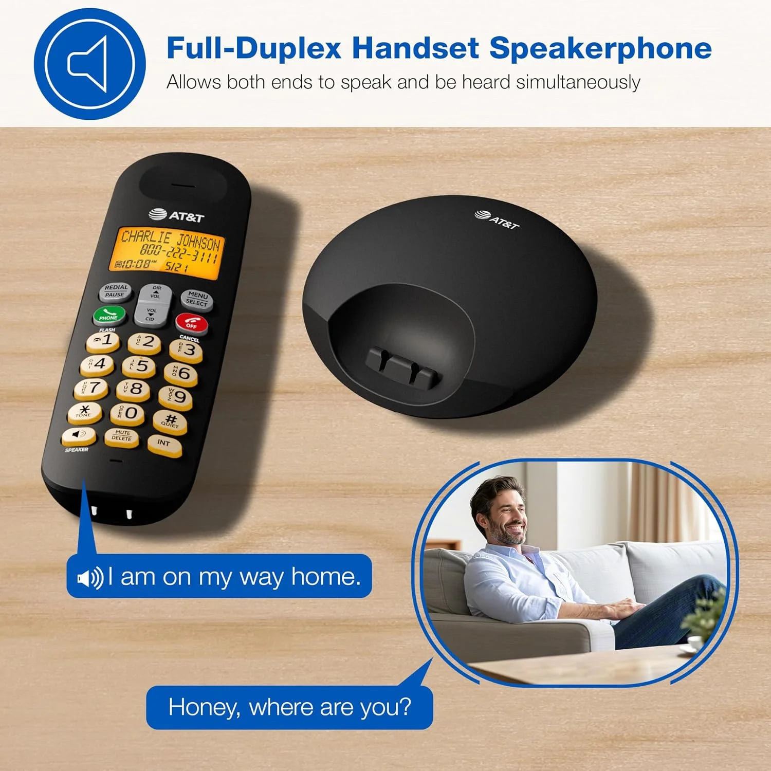 تلفن بی سیم AT&T با 2 گوشی، دارای صفحه نمایش LCD، صفحه کلید روشن، شناسه تماس گیرنده/انتظار تماس، تلفن هندزفری دو طرفه DECT 6.0، حالت ECO، نشانگر پیام صوتی، حالت بی صدا، اینترکام: EL1101-2