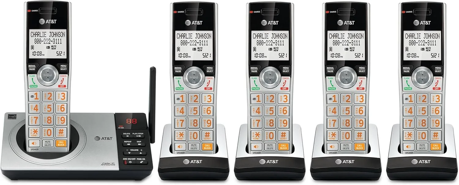 تلفن بی سیم 5 گوشی AT&T CL82507 DECT 6.0 برای منزل با منشی تلفنی، مسدود کردن تماس، اعلام کننده شناسه تماس گیرنده، ارتباط داخلی و برد بلند، نقره ای