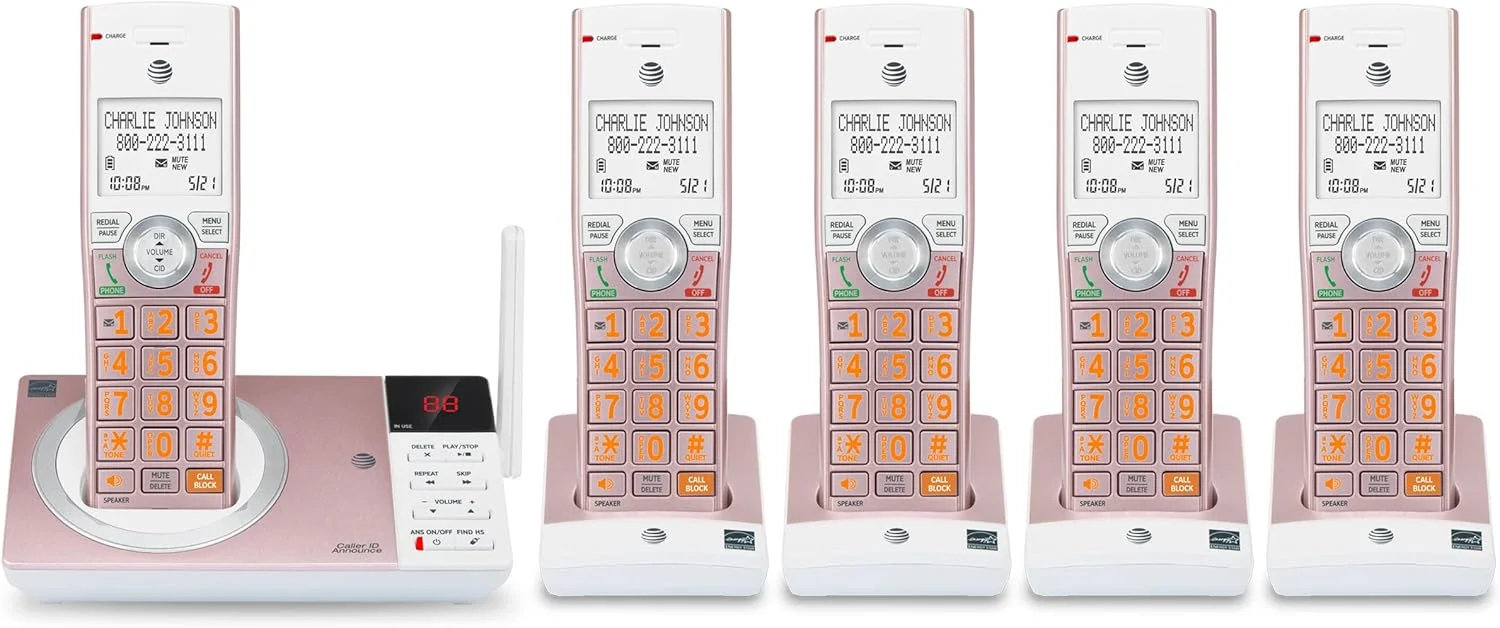 تلفن بی سیم 5 گوشی AT&T CL82557 DECT 6.0 برای منزل با منشی تلفنی، مسدود کردن تماس، اعلام شناسه تماس گیرنده، ارتباط داخلی و برد بلند، رزگلد