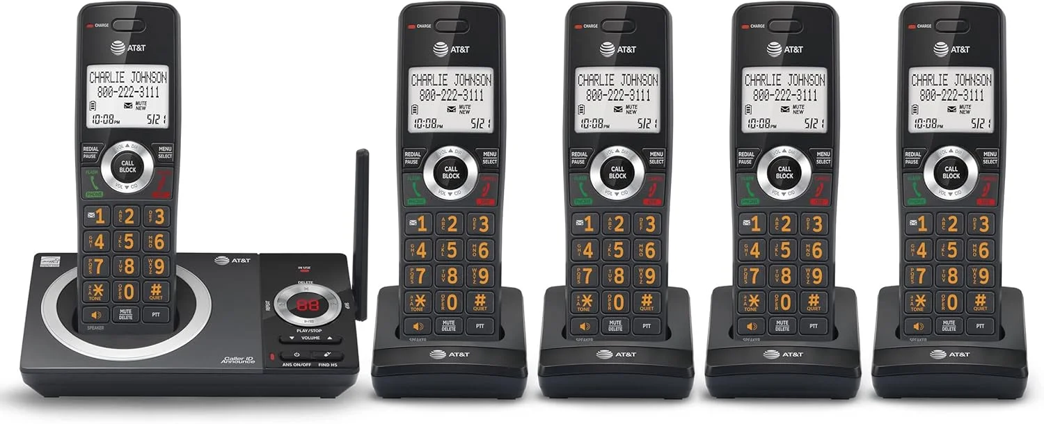 تلفن بی سیم 5 گوشی AT&T CL82519 DECT 6.0 برای منزل با منشی تلفنی، مسدود کردن تماس، اعلام شناسه تماس گیرنده، ارتباط داخلی و برد بلند، مشکی