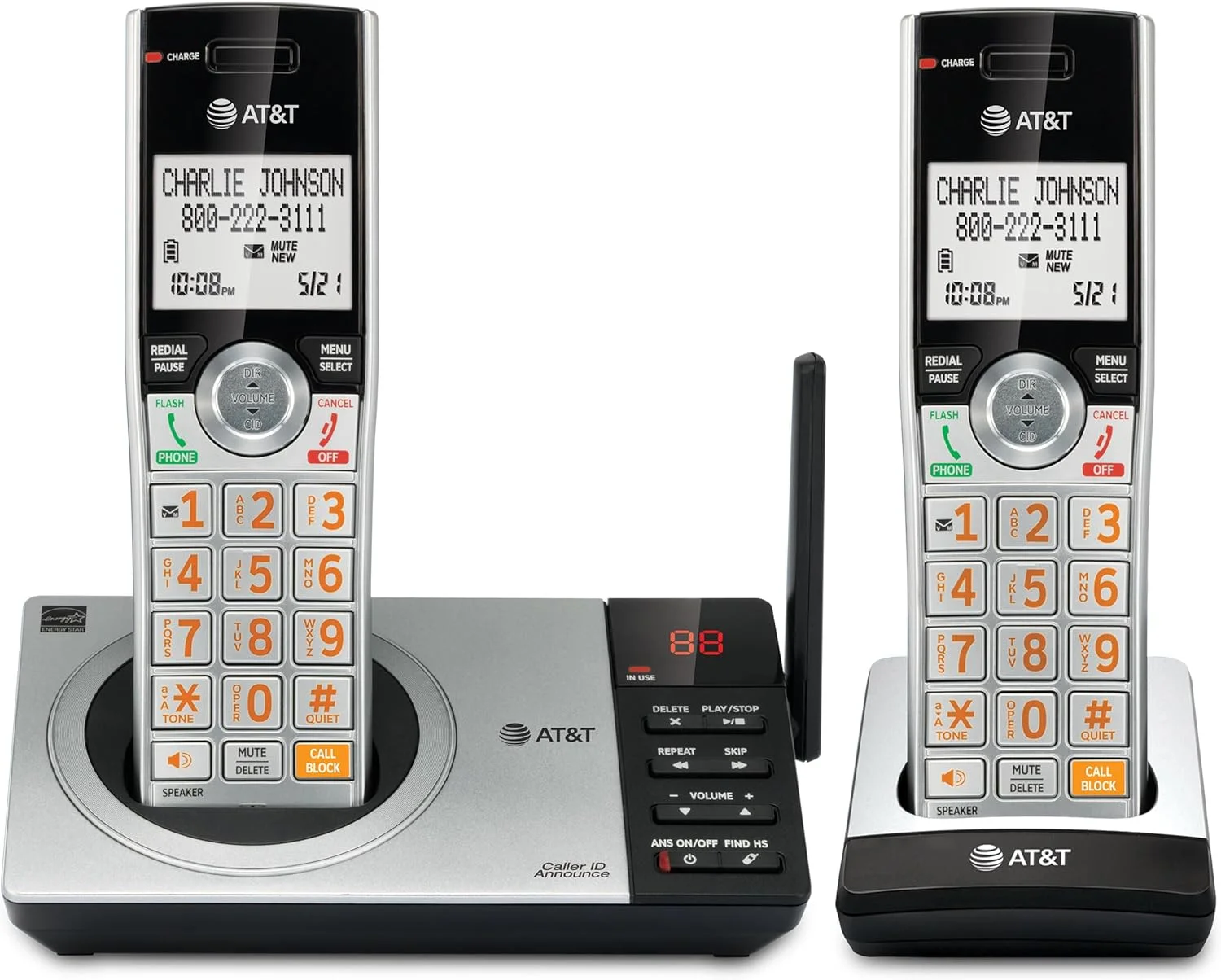 تلفن بی سیم قابل گسترش AT&T مدل CL82207 DECT 6.0 با سیستم پاسخگویی - نقره ای/مشکی با 2 گوشی