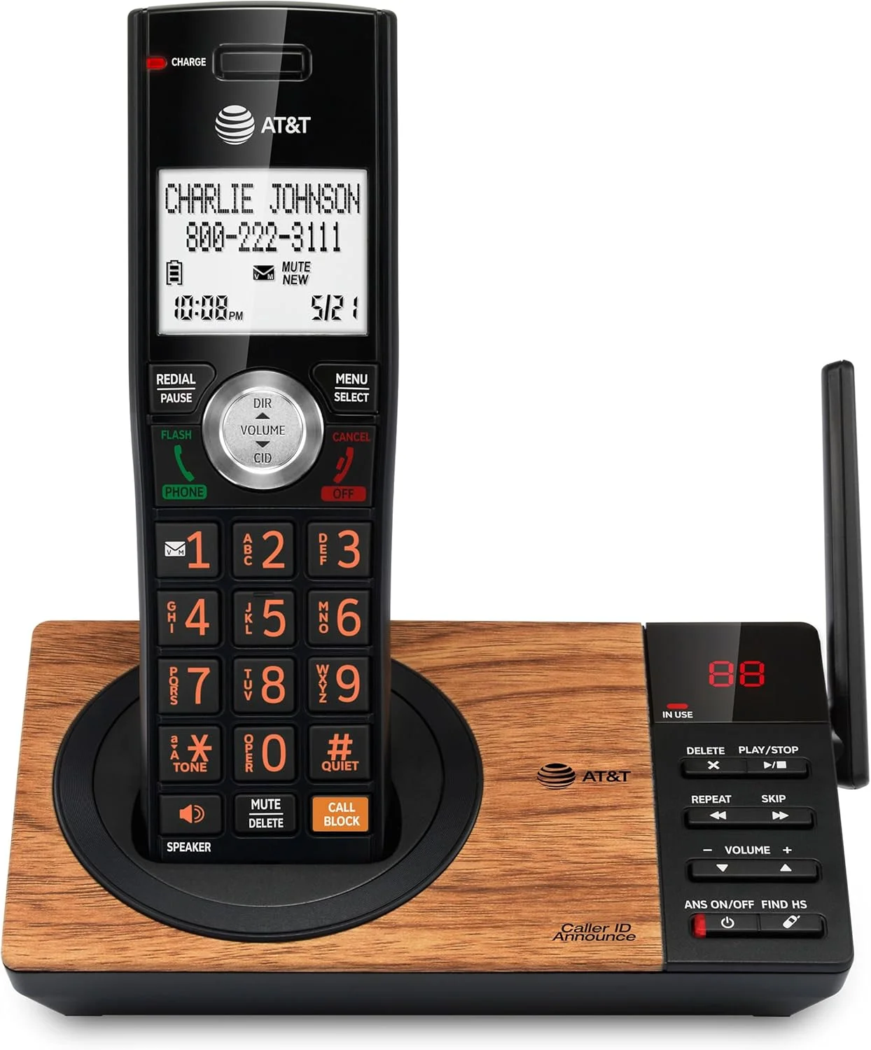 تلفن بی سیم AT&T CL82167 با منشی تلفنی، مسدود کردن تماس، اعلام شناسه تماس گیرنده، اینترکام و برد بلند، مشکی و طرح چوب