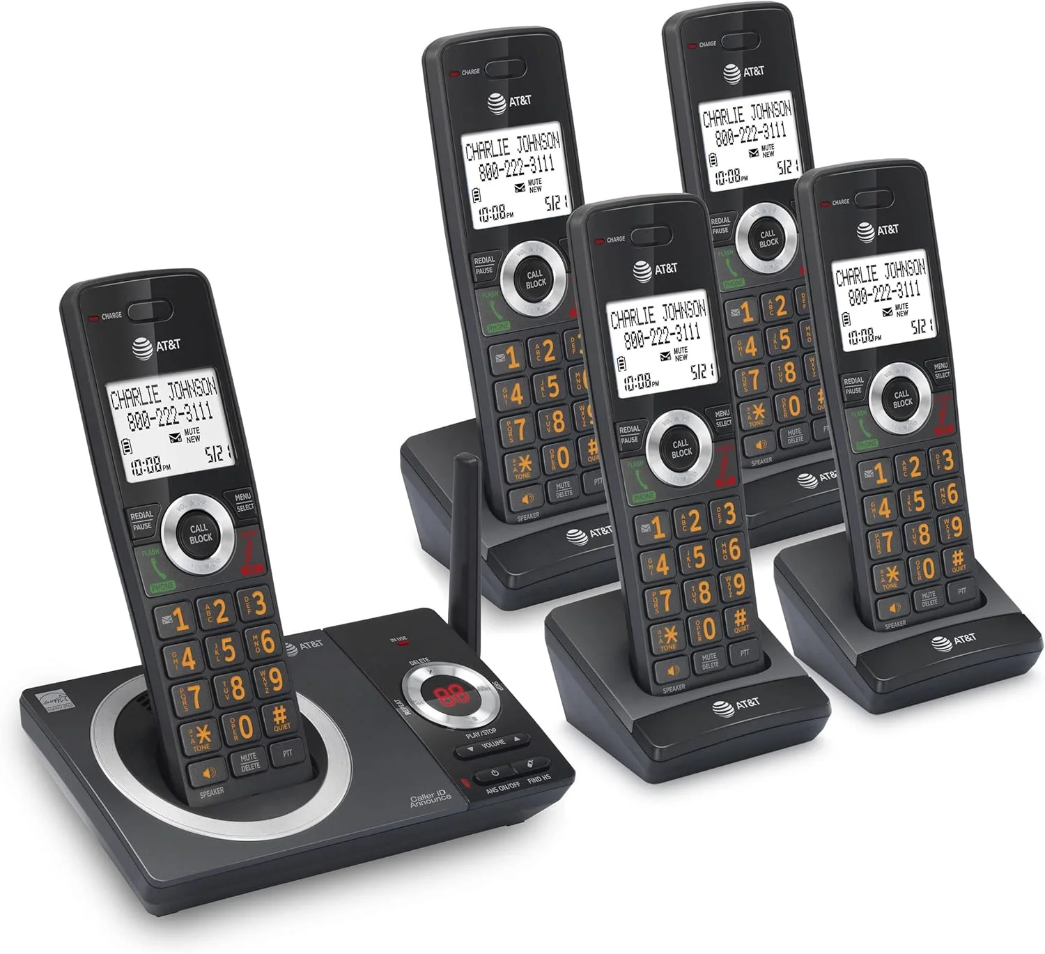 تلفن بی سیم 5 گوشی AT&T CL82519 DECT 6.0 برای منزل با منشی تلفنی، مسدود کردن تماس، اعلام شناسه تماس گیرنده، ارتباط داخلی و برد بلند، مشکی تلفن بی سیم 5 گوشی AT&T CL82519 DECT 6.0 برای منزل با منشی تلفنی، مسدود کردن تماس، اعلام شناسه تماس گیرنده، ارتباط داخلی و برد بلند، مشکی