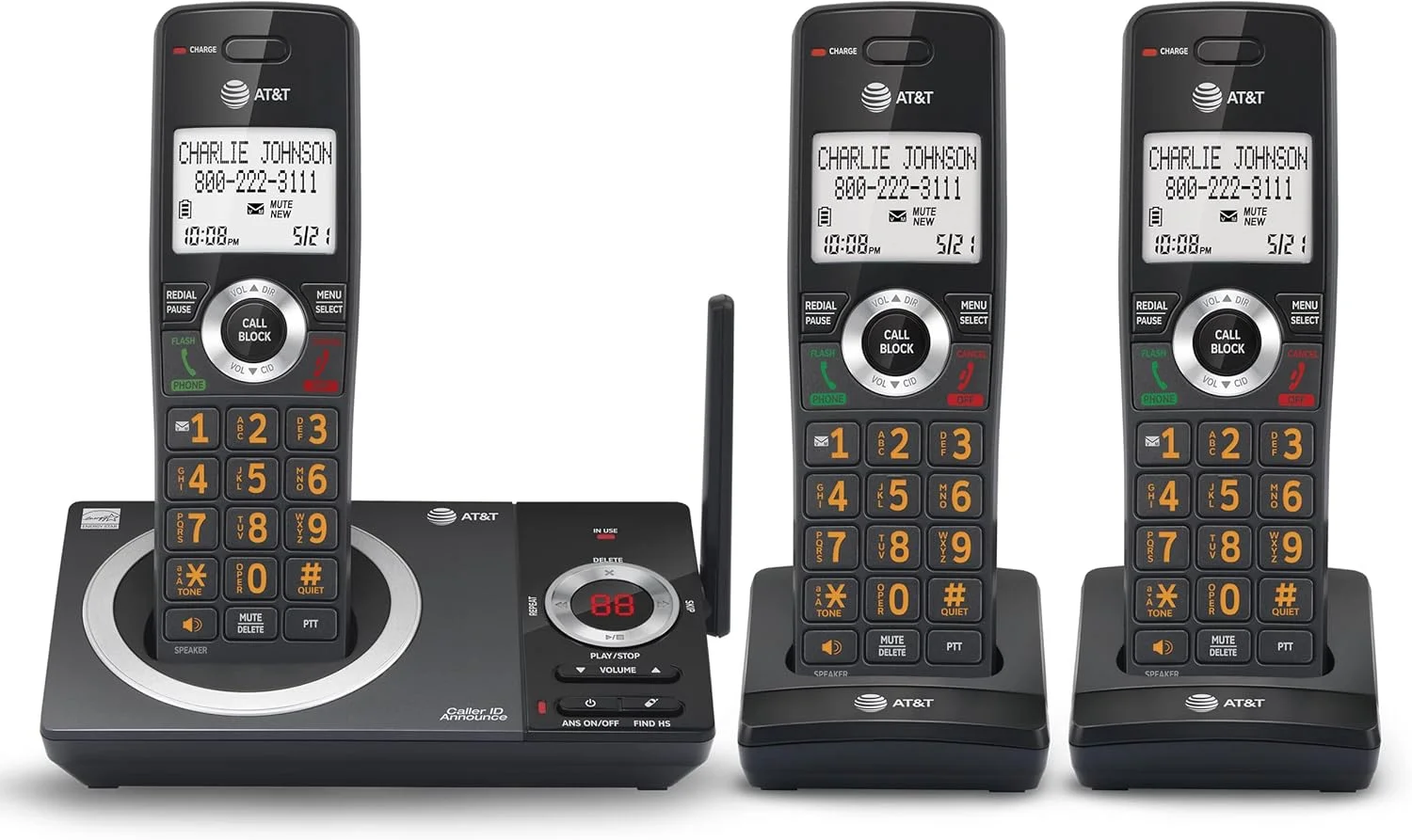 تلفن بی سیم 3 گوشی AT&T CL82319 DECT 6.0 برای منزل با منشی تلفنی، مسدود کردن تماس، اعلام شناسه تماس گیرنده، ارتباط داخلی و برد بلند، مشکی