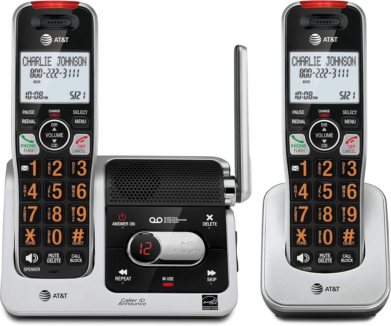 تلفن بی سیم 2 گوشی AT&T BL102-2 DECT 6.0 برای منزل با منشی تلفنی، مسدود کردن تماس، اعلام شناسه تماس گیرنده، کمک صوتی، ارتباط داخلی و برد بی نظیر، نقره ای/مشکی