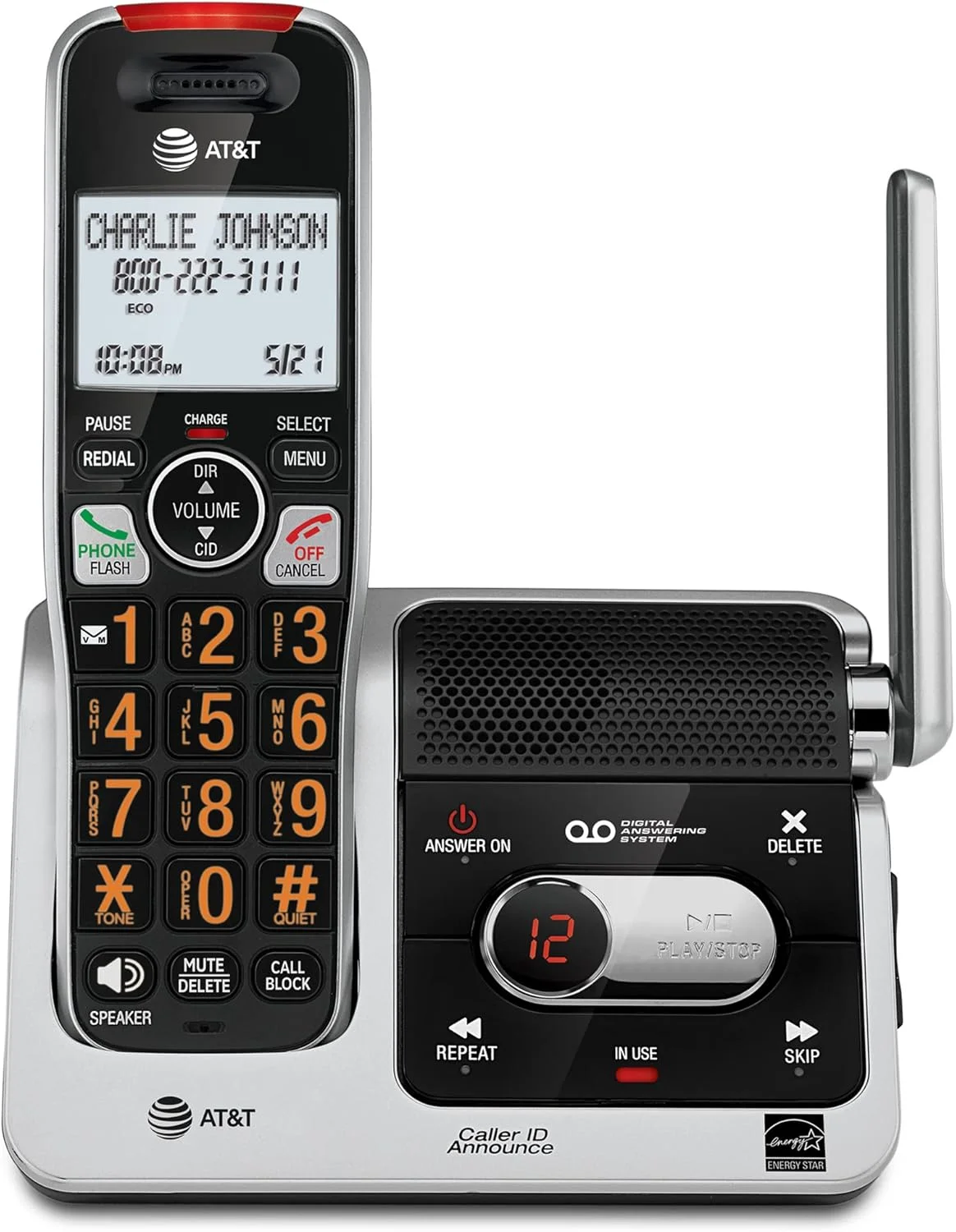 تلفن بی سیم خانگی AT&T BL102 DECT 6.0 با منشی تلفنی، مسدود کردن تماس، اعلام شناسه تماس گیرنده، کمک صوتی، ارتباط داخلی و برد بی نظیر، نقره ای/مشکی