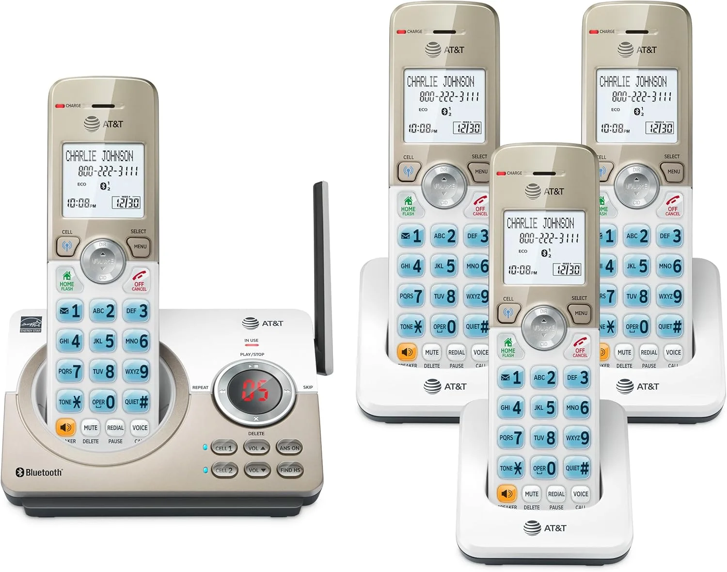 تلفن بی سیم خانگی قابل ارتقا AT&T مدل DL72419 با 4 گوشی، صفحه نمایش بزرگ، دکمه های بزرگ، منشی تلفنی، مسدود کننده تماس هوشمند، اتصال بلوتوث به تلفن همراه، برد بلند، نمایشگر شماره تماس گیرنده و بلندگو