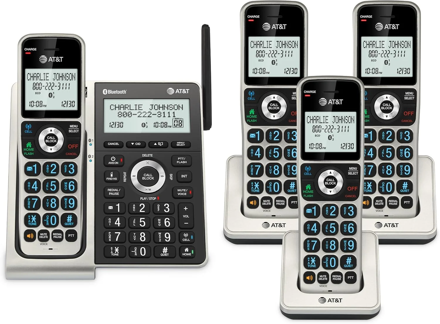 تلفن بی سیم خانگی DECT 6.0 مدل AT&T BL3107-4 با بلوتوث، سیستم پاسخگویی، مسدود کننده تماس هوشمند، برد توسعه یافته، صفحه نمایش 2 اینچی با نور پس زمینه، صفحه کلید روشن با دکمه های بزرگ، شناسه تماس گیرنده و گزارش تماس (4 گوشی)
