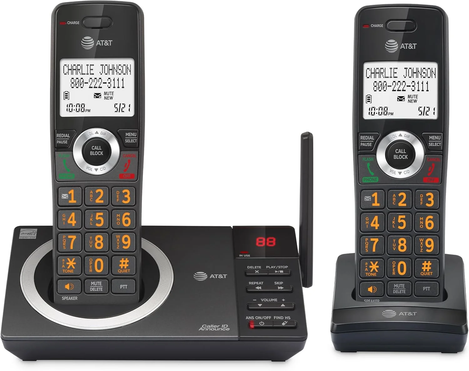تلفن بی سیم خانگی DECT 6.0 با دو گوشی AT&T با صفحه نمایش بزرگ، دکمه های بزرگ، منشی تلفنی، مسدود کننده تماس هوشمند، برد بلند، شناسه تماس گیرنده، بلندگو، اینترکام: CL82218 (مشکی ذغالی)