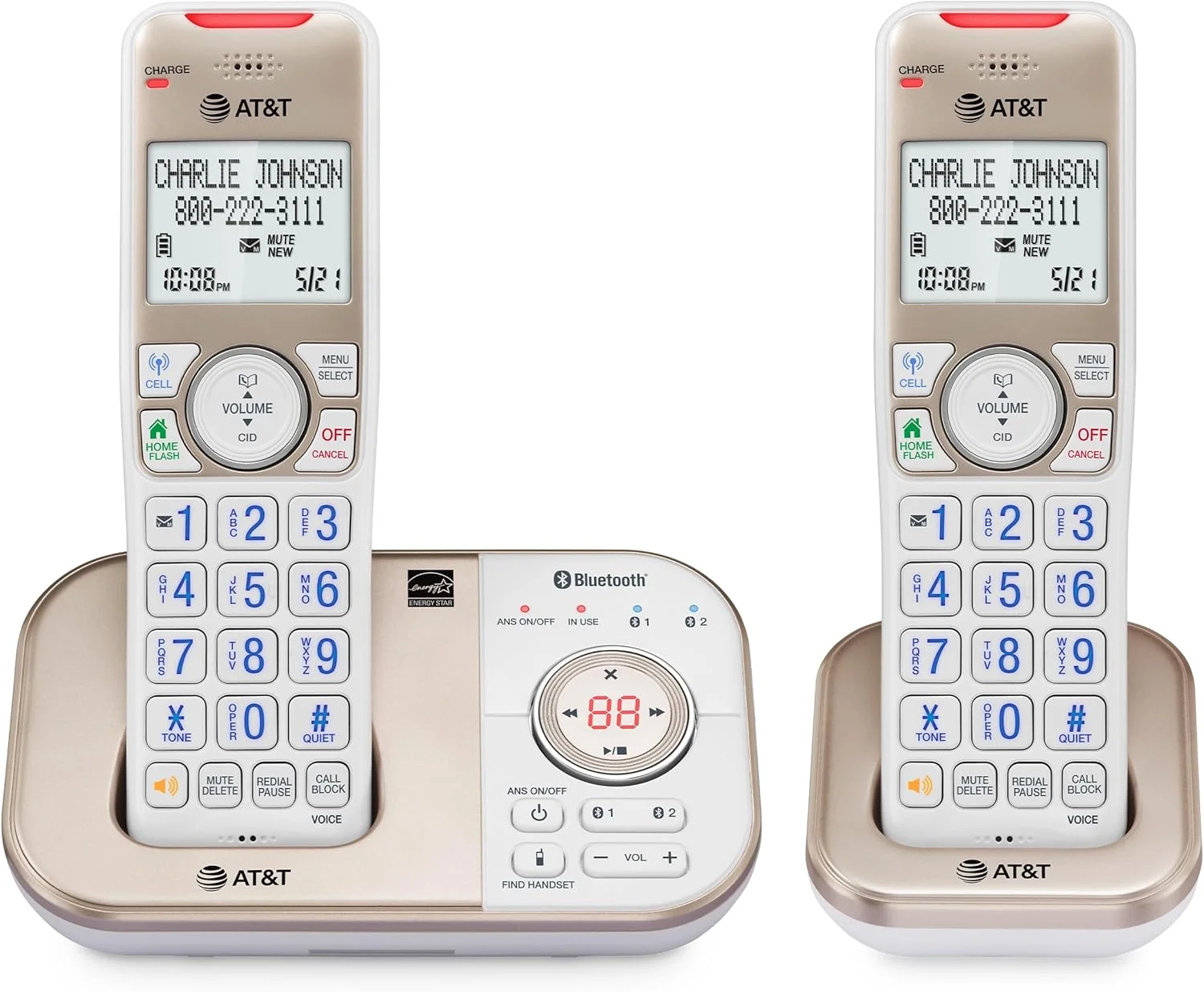 تلفن بی سیم قابل گسترش 2 گوشی AT&T DECT 6.0 بلوتوث دار برای منزل با منشی تلفنی، مسدود کننده تماس هوشمند، شناسه تماس گیرنده، ارتباط داخلی و اتصال بلوتوث به تلفن همراه: BL3112-2 (طلایی شامپاین/سفید)