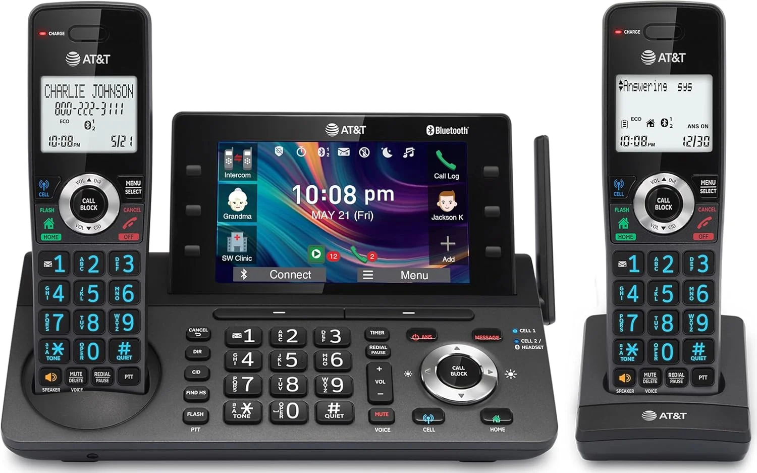 تلفن بی سیم خانگی و اداری AT&T DECT 6.0 با دو گوشی، دارای منشی تلفنی، صفحه نمایش رنگی 5 اینچی، میانبر تک لمسی، کنفرانس، اینترکام، مسدود کننده تماس هوشمند، اتصال بلوتوث به تلفن همراه: DLP73290