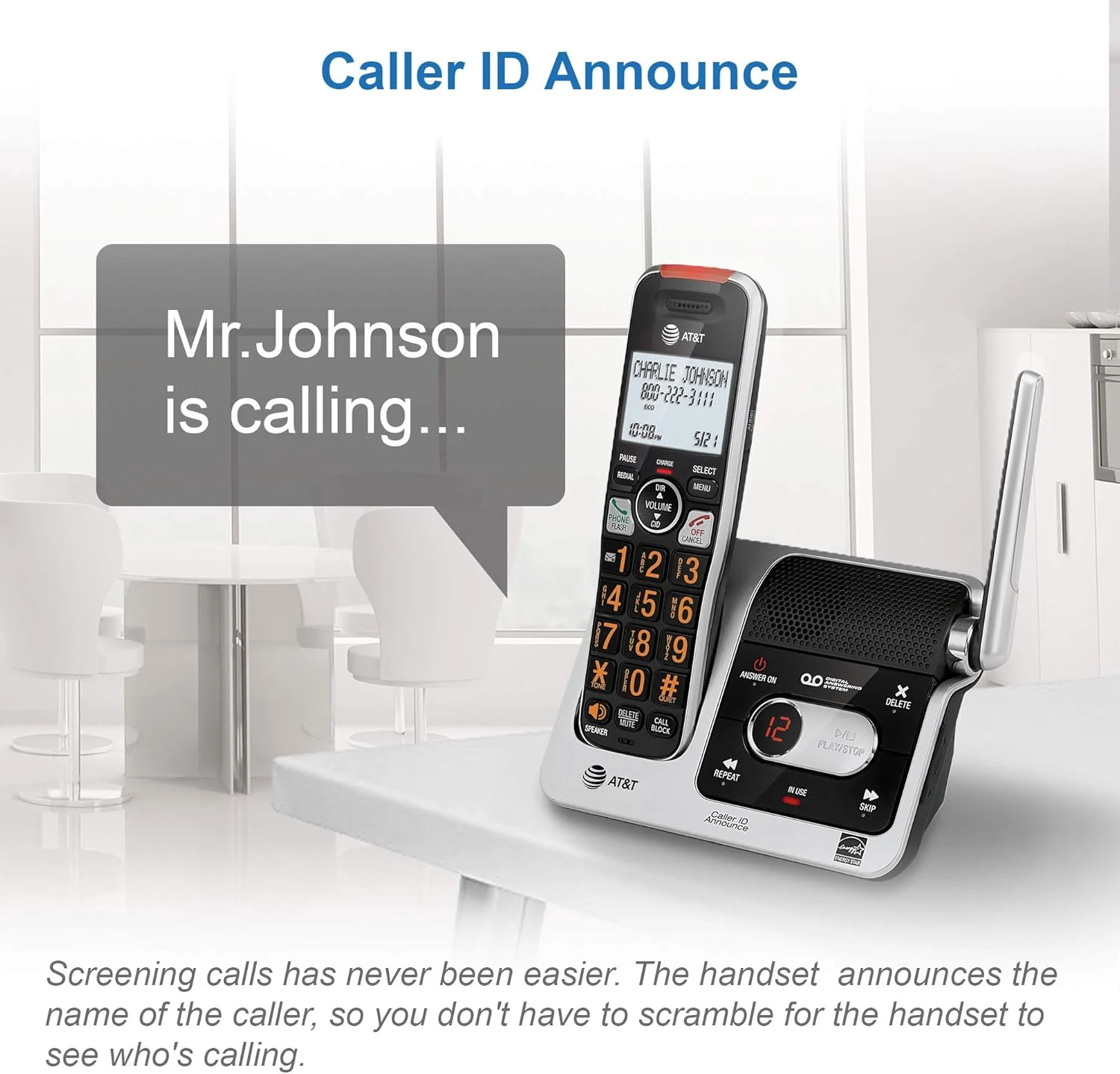 تلفن بی سیم خانگی AT&T BL102 DECT 6.0 با منشی تلفنی، مسدود کردن تماس، اعلام شناسه تماس گیرنده، کمک صوتی، ارتباط داخلی و برد بی نظیر، نقره ای/مشکی