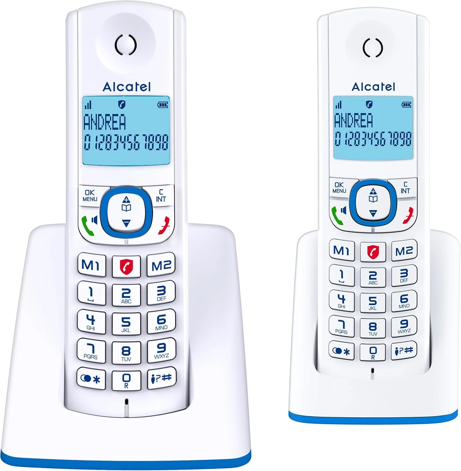 تلفن بی سیم DECT آلکاتل F530 Duo - صفحه نمایش بزرگ و روشن - عملکرد تماس هندزفری - عملکرد قفل تماس - 2 دکمه شماره گیری مستقیم - 2 گوشی - سفید/آبی
