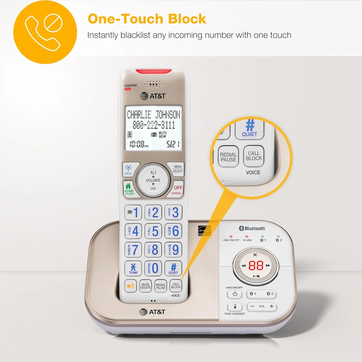 تلفن بی سیم قابل گسترش 2 گوشی AT&T DECT 6.0 بلوتوث دار برای منزل با منشی تلفنی، مسدود کننده تماس هوشمند، شناسه تماس گیرنده، ارتباط داخلی و اتصال بلوتوث به تلفن همراه: BL3112-2 (طلایی شامپاین/سفید) تلفن بی سیم قابل گسترش 2 گوشی AT&T DECT 6.0 بلوتوث دار برای منزل با منشی تلفنی، مسدود کننده تماس هوشمند، شناسه تماس گیرنده، ارتباط داخلی و اتصال بلوتوث به تلفن همراه: BL3112-2 (طلایی شامپاین/سفید)