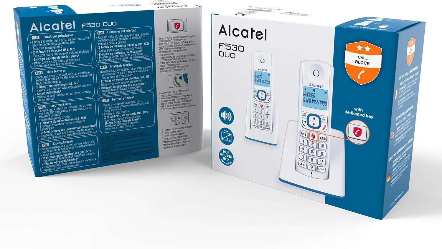 تلفن بی سیم DECT آلکاتل F530 Duo - صفحه نمایش بزرگ و روشن - عملکرد تماس هندزفری - عملکرد قفل تماس - 2 دکمه شماره گیری مستقیم - 2 گوشی - سفید/آبی