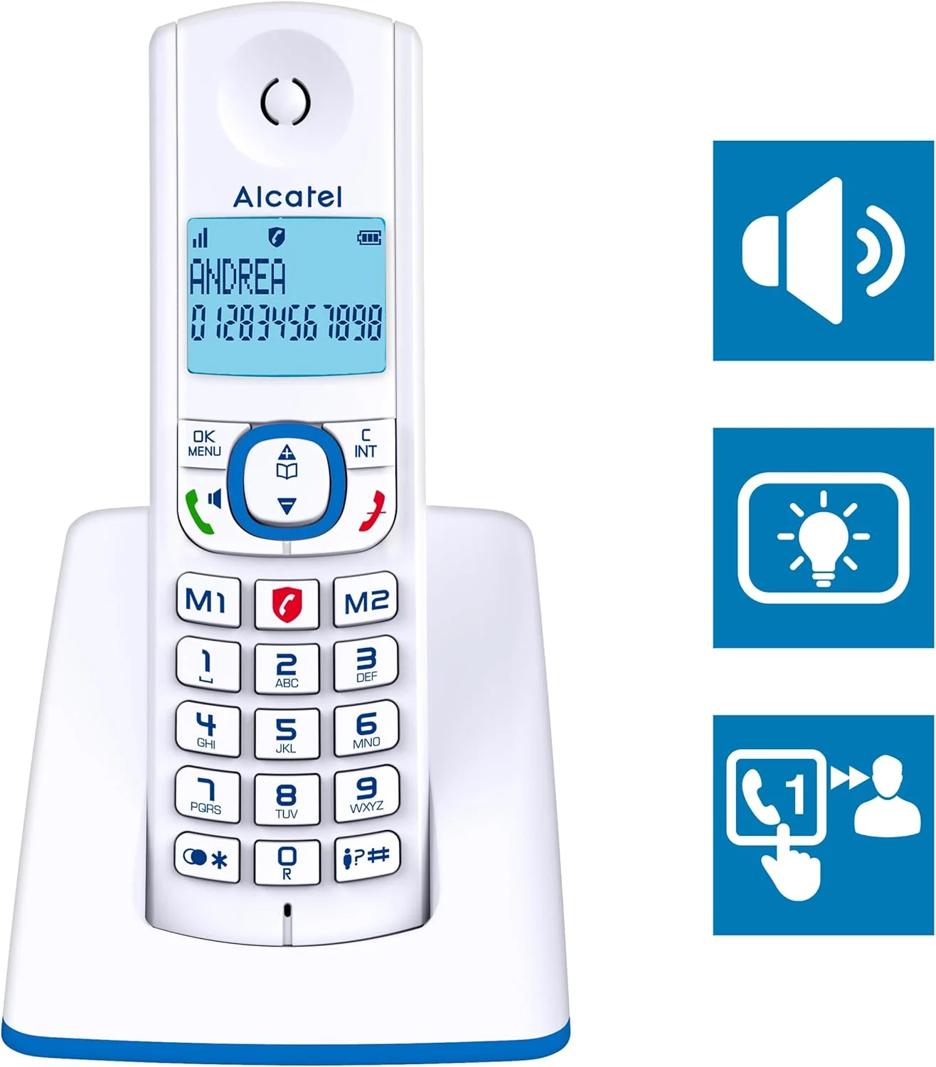 تلفن بی سیم DECT آلکاتل F530 Duo - صفحه نمایش بزرگ و روشن - عملکرد تماس هندزفری - عملکرد قفل تماس - 2 دکمه شماره گیری مستقیم - 2 گوشی - سفید/آبی