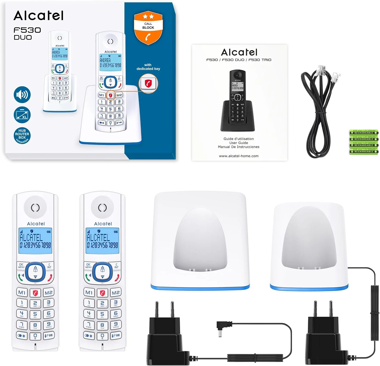 تلفن بی سیم DECT آلکاتل F530 Duo - صفحه نمایش بزرگ و روشن - عملکرد تماس هندزفری - عملکرد قفل تماس - 2 دکمه شماره گیری مستقیم - 2 گوشی - سفید/آبی