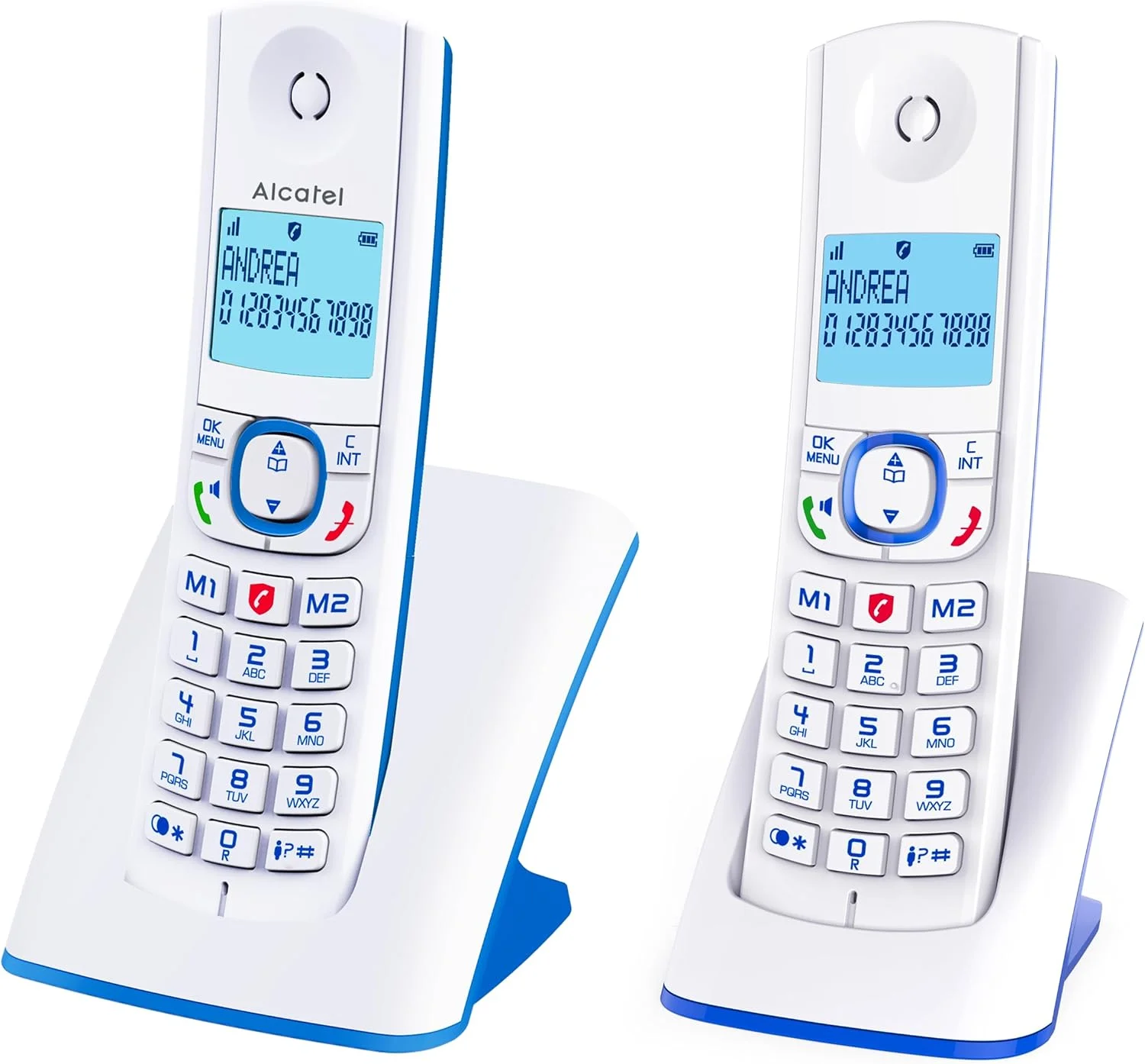 تلفن بی سیم DECT آلکاتل F530 Duo - صفحه نمایش بزرگ و روشن - عملکرد تماس هندزفری - عملکرد قفل تماس - 2 دکمه شماره گیری مستقیم - 2 گوشی - سفید/آبی