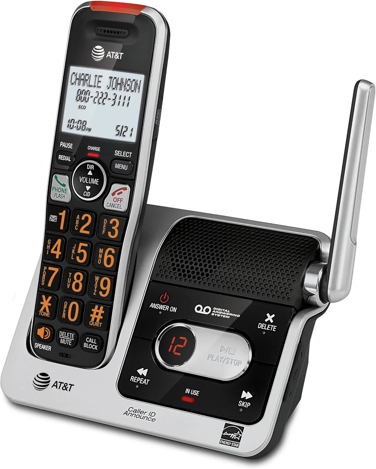 تلفن بی سیم خانگی AT&T BL102 DECT 6.0 با منشی تلفنی، مسدود کردن تماس، اعلام شناسه تماس گیرنده، کمک صوتی، ارتباط داخلی و برد بی نظیر، نقره ای/مشکی