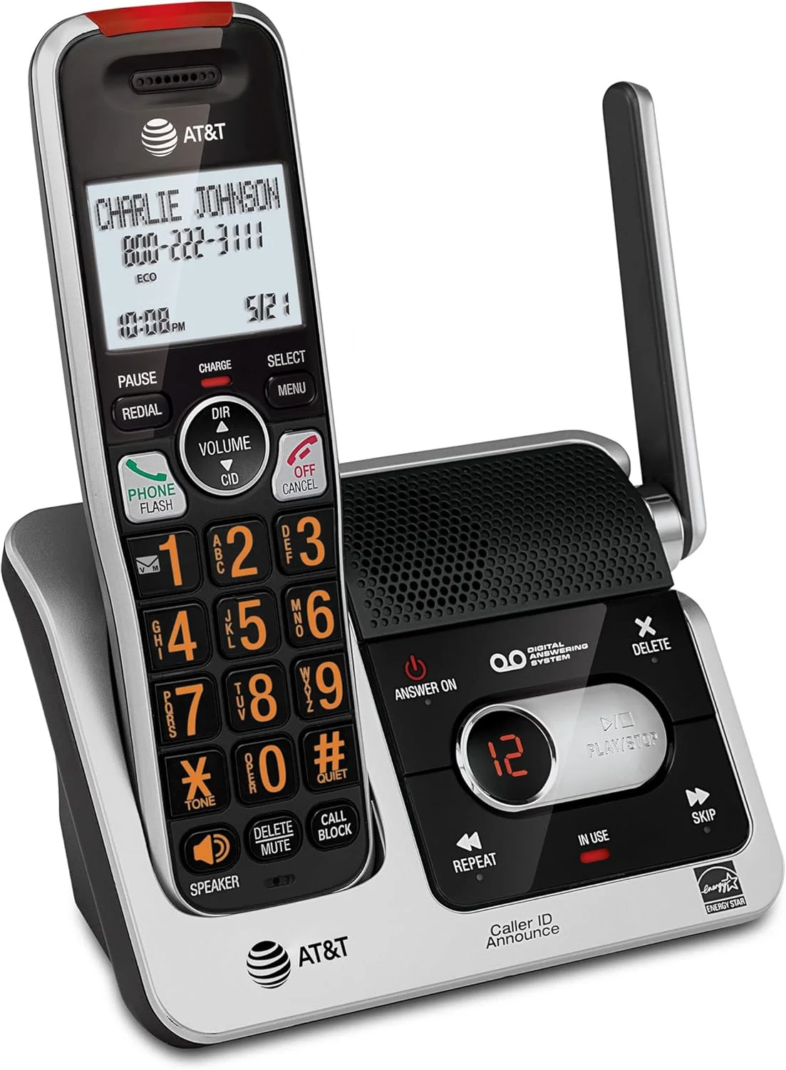 تلفن بی سیم خانگی AT&T BL102 DECT 6.0 با منشی تلفنی، مسدود کردن تماس، اعلام شناسه تماس گیرنده، کمک صوتی، ارتباط داخلی و برد بی نظیر، نقره ای/مشکی