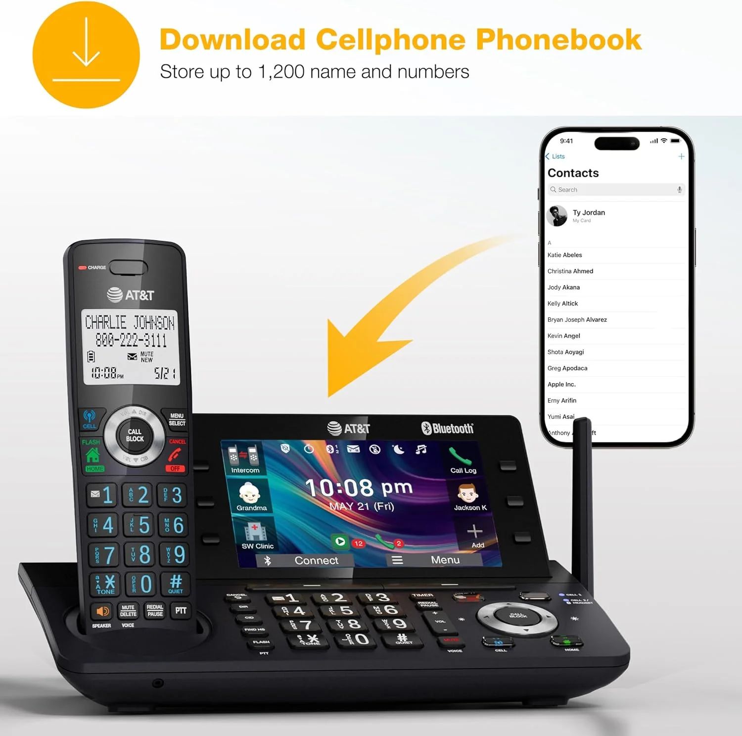 تلفن بی سیم خانگی و اداری AT&T DECT 6.0 با دو گوشی، دارای منشی تلفنی، صفحه نمایش رنگی 5 اینچی، میانبر تک لمسی، کنفرانس، اینترکام، مسدود کننده تماس هوشمند، اتصال بلوتوث به تلفن همراه: DLP73290