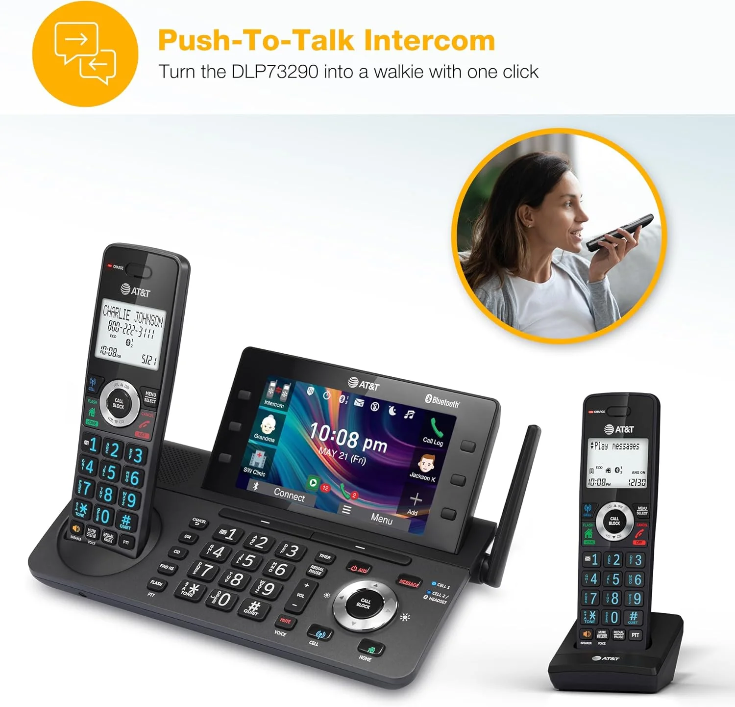 تلفن بی سیم خانگی و اداری AT&T DECT 6.0 با دو گوشی، دارای منشی تلفنی، صفحه نمایش رنگی 5 اینچی، میانبر تک لمسی، کنفرانس، اینترکام، مسدود کننده تماس هوشمند، اتصال بلوتوث به تلفن همراه: DLP73290