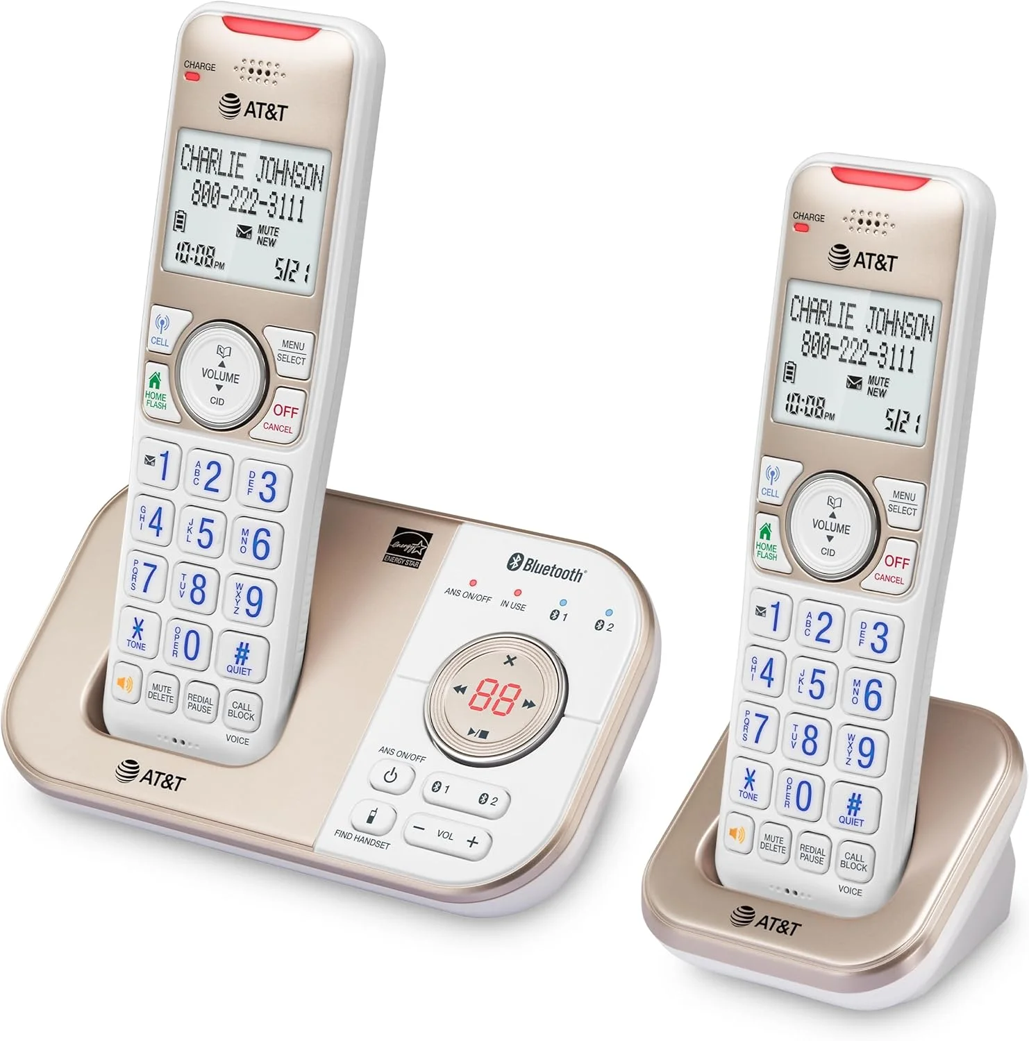 تلفن بی سیم قابل گسترش 2 گوشی AT&T DECT 6.0 بلوتوث دار برای منزل با منشی تلفنی، مسدود کننده تماس هوشمند، شناسه تماس گیرنده، ارتباط داخلی و اتصال بلوتوث به تلفن همراه: BL3112-2 (طلایی شامپاین/سفید) تلفن بی سیم قابل گسترش 2 گوشی AT&T DECT 6.0 بلوتوث دار برای منزل با منشی تلفنی، مسدود کننده تماس هوشمند، شناسه تماس گیرنده، ارتباط داخلی و اتصال بلوتوث به تلفن همراه: BL3112-2 (طلایی شامپاین/سفید)