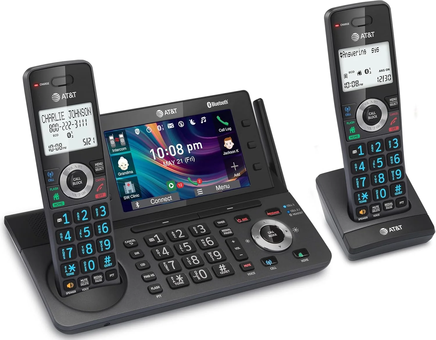 تلفن بی سیم خانگی و اداری AT&T DECT 6.0 با دو گوشی، دارای منشی تلفنی، صفحه نمایش رنگی 5 اینچی، میانبر تک لمسی، کنفرانس، اینترکام، مسدود کننده تماس هوشمند، اتصال بلوتوث به تلفن همراه: DLP73290