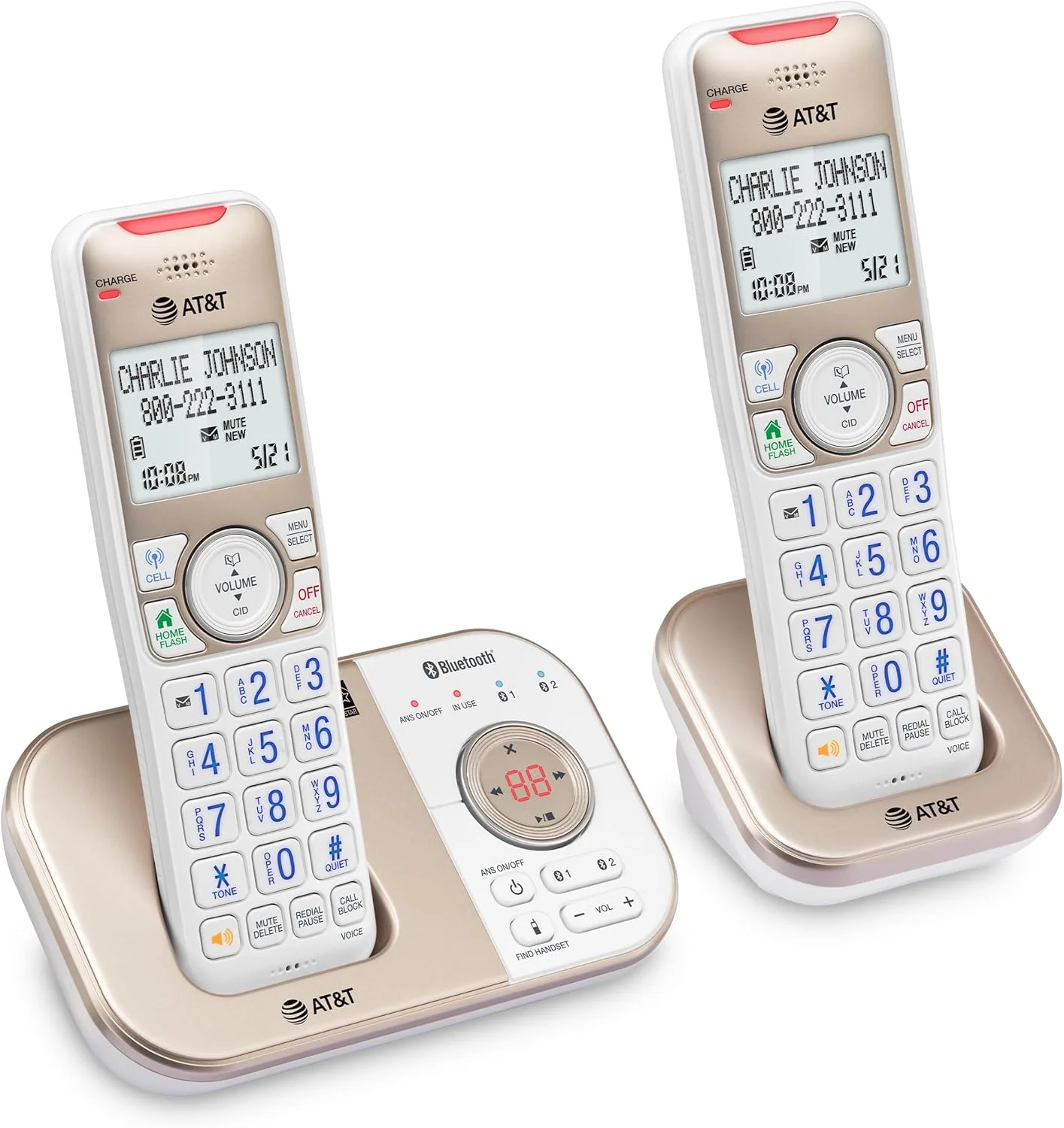 تلفن بی سیم قابل گسترش 2 گوشی AT&T DECT 6.0 بلوتوث دار برای منزل با منشی تلفنی، مسدود کننده تماس هوشمند، شناسه تماس گیرنده، ارتباط داخلی و اتصال بلوتوث به تلفن همراه: BL3112-2 (طلایی شامپاین/سفید) تلفن بی سیم قابل گسترش 2 گوشی AT&T DECT 6.0 بلوتوث دار برای منزل با منشی تلفنی، مسدود کننده تماس هوشمند، شناسه تماس گیرنده، ارتباط داخلی و اتصال بلوتوث به تلفن همراه: BL3112-2 (طلایی شامپاین/سفید)