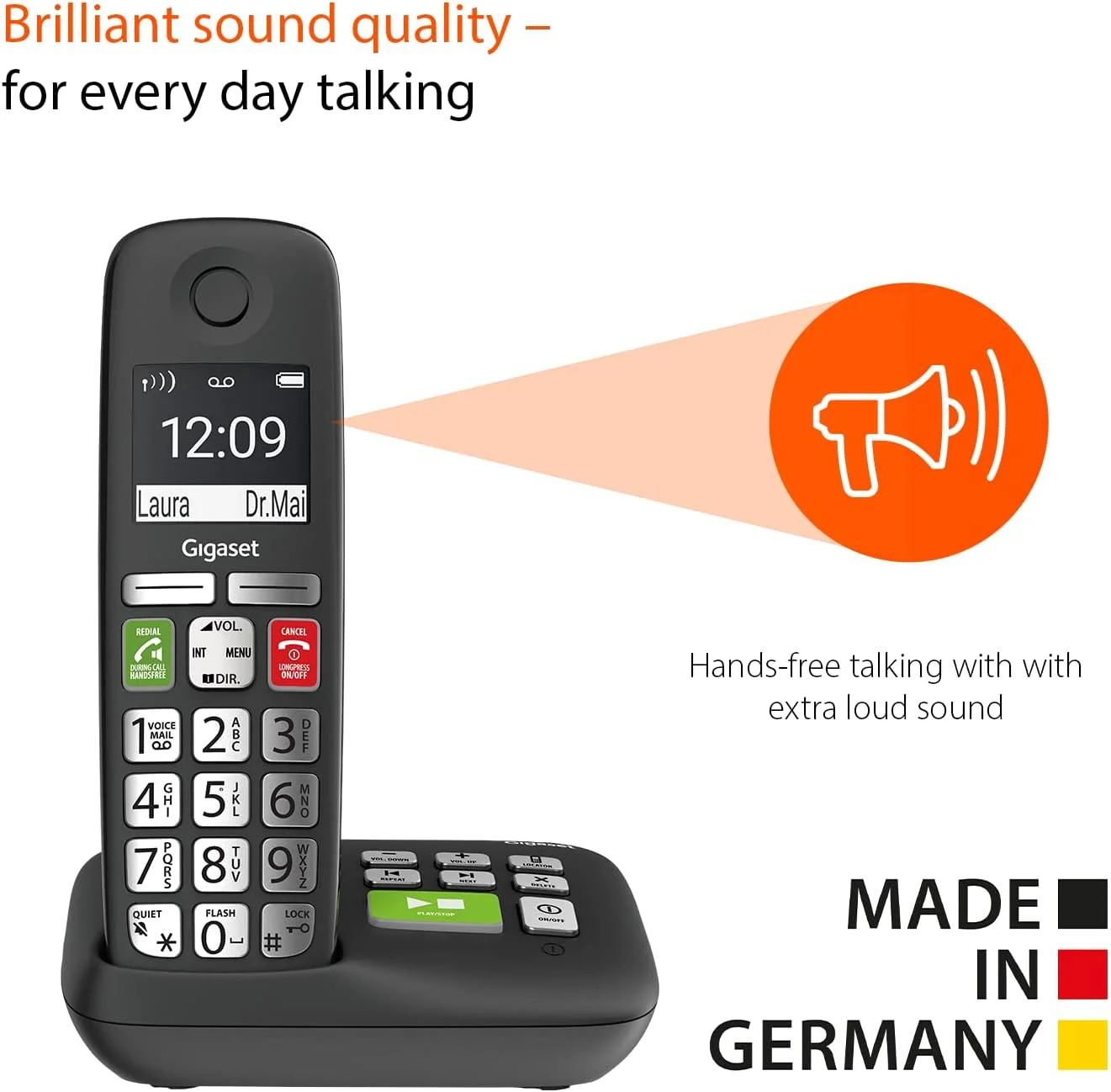 تلفن بی سیم مخصوص سالمندان Gigaset E295A - ساخت آلمان - صفحه نمایش بزرگ 2 اینچی - کلیدهای فوق العاده بزرگ و کاربری آسان - مسدود کننده تماس - دفترچه تلفن تا 100 مخاطب، مشکی