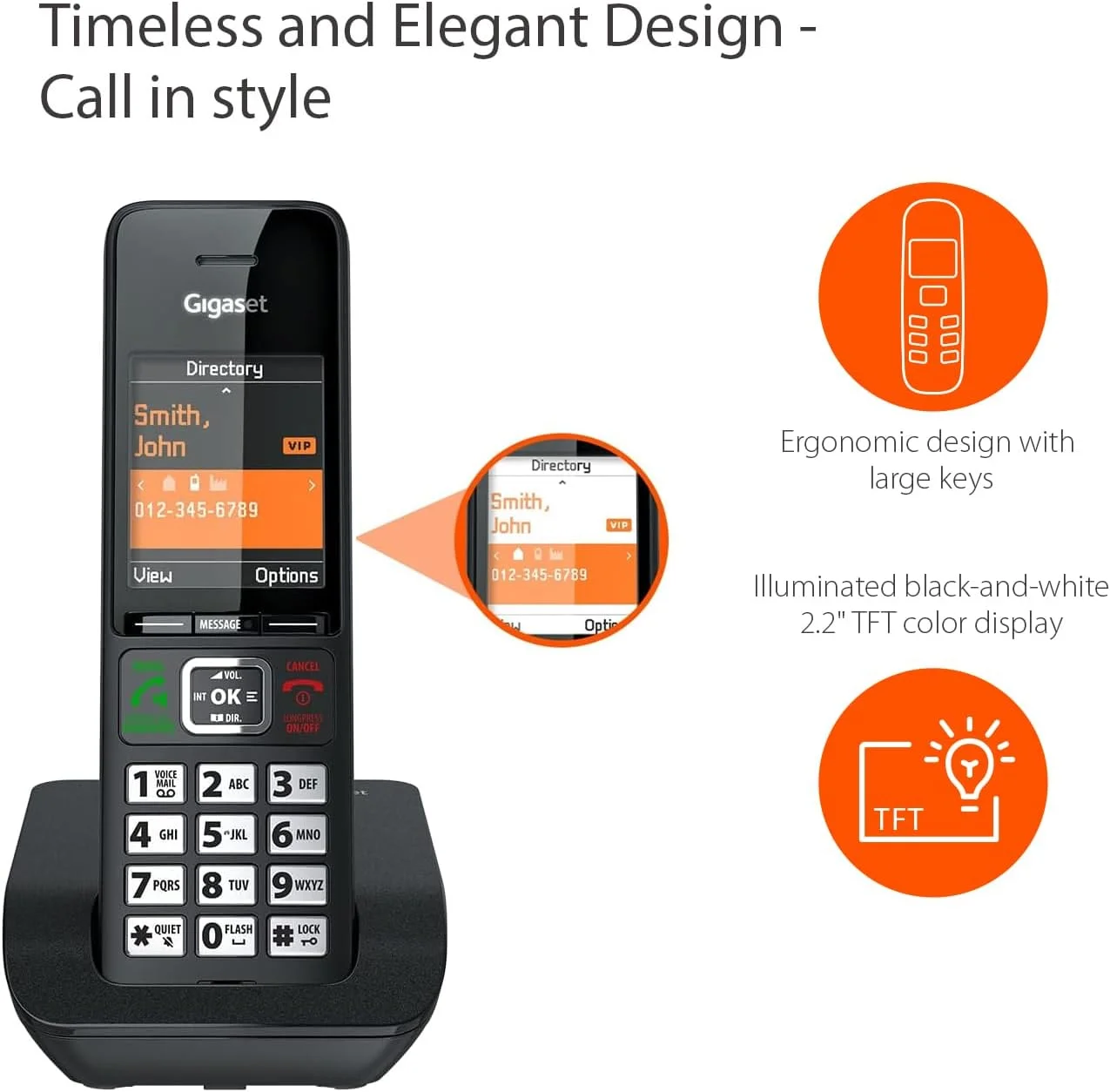 تلفن بی سیم دوگانه گیگاست Comfort 552 - 2 گوشی - ساخت آلمان - طراحی شیک - حالت هندزفری - محافظت از تماس راحت - دفترچه تلفن برای 200 ورودی، تیتانیوم-مشکی