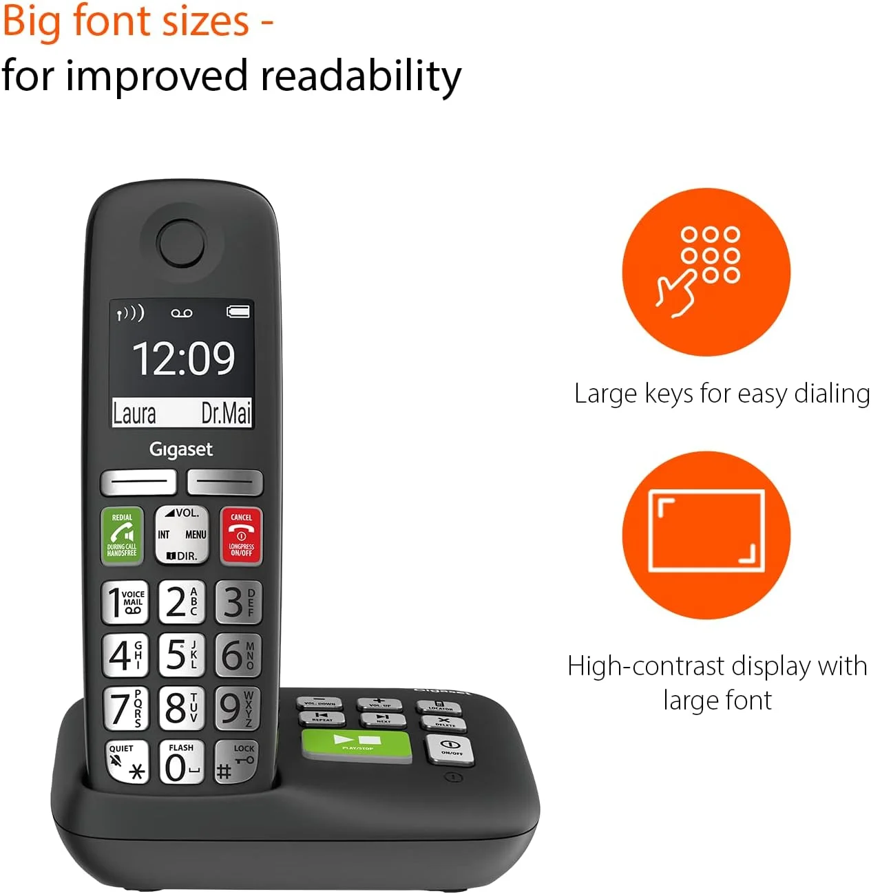 تلفن بی سیم مخصوص سالمندان Gigaset E295A - ساخت آلمان - صفحه نمایش بزرگ 2 اینچی - کلیدهای فوق العاده بزرگ و کاربری آسان - مسدود کننده تماس - دفترچه تلفن تا 100 مخاطب، مشکی