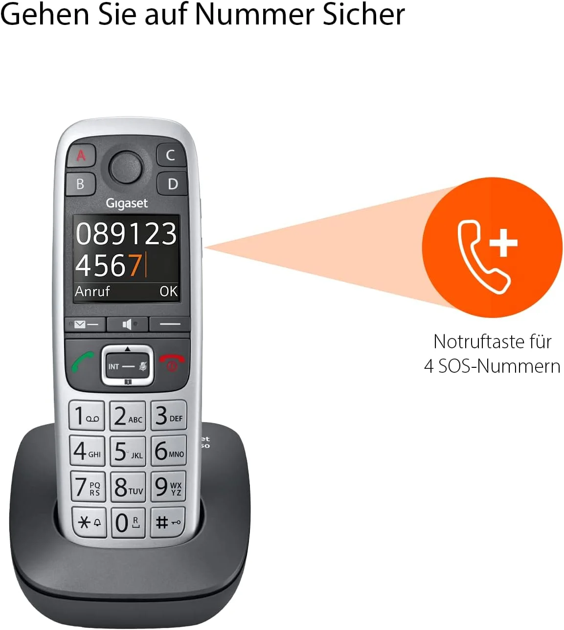 تلفن بی سیم DECT مخصوص سالمندان Gigaset E560 - دکمه تماس اضطراری برای 4 شماره SOS، دکمه تنظیم صدای اضافی در کنار، عملکرد هندزفری، صفحه کلید با دکمه های بسیار بزرگ، نقره ای [نسخه آلمانی]