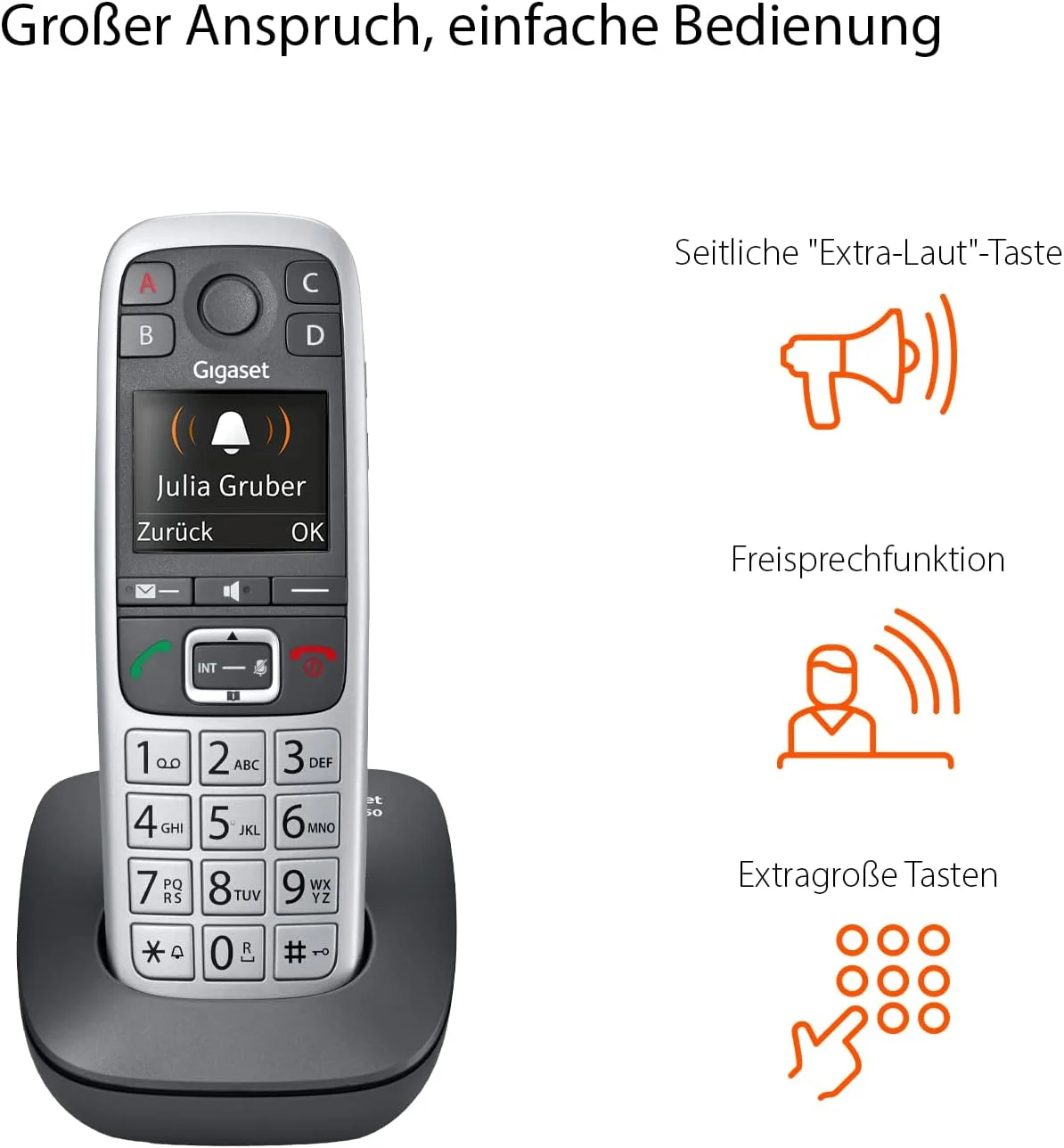 تلفن بی سیم DECT مخصوص سالمندان Gigaset E560 - دکمه تماس اضطراری برای 4 شماره SOS، دکمه تنظیم صدای اضافی در کنار، عملکرد هندزفری، صفحه کلید با دکمه های بسیار بزرگ، نقره ای [نسخه آلمانی]