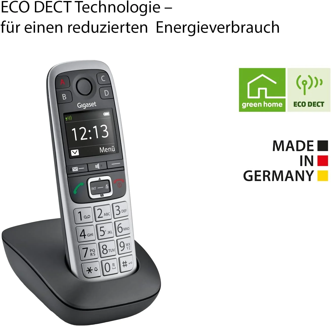 تلفن بی سیم DECT مخصوص سالمندان Gigaset E560 - دکمه تماس اضطراری برای 4 شماره SOS، دکمه تنظیم صدای اضافی در کنار، عملکرد هندزفری، صفحه کلید با دکمه های بسیار بزرگ، نقره ای [نسخه آلمانی]