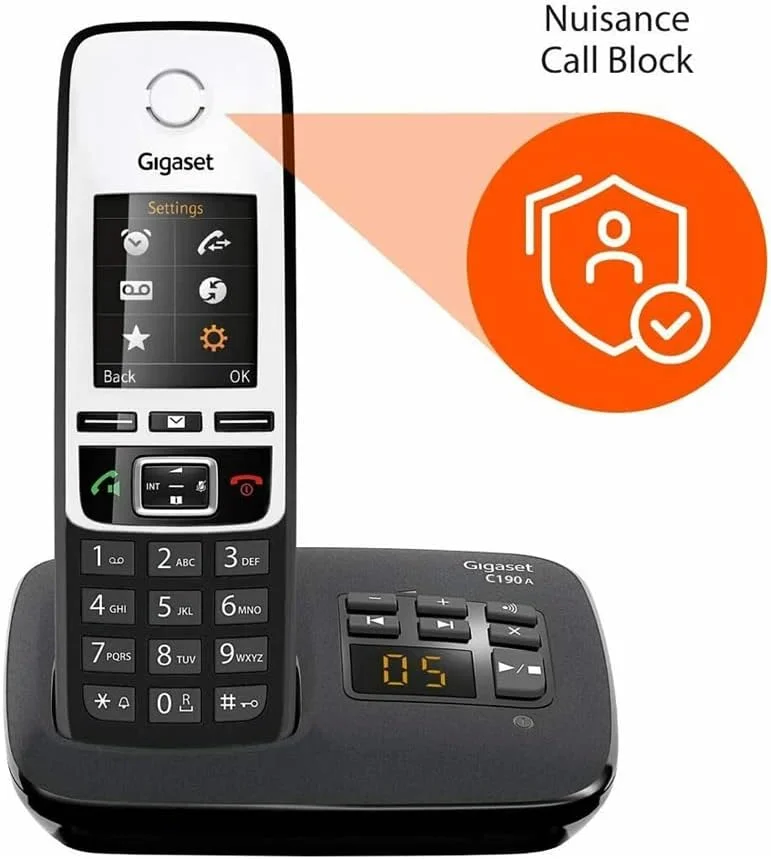 تلفن بی سیم خانگی ممتاز گیگاست C190A DUO با منشی تلفنی و مسدود کردن تماس های مزاحم - 2 گوشی، مشکی/نقره ای