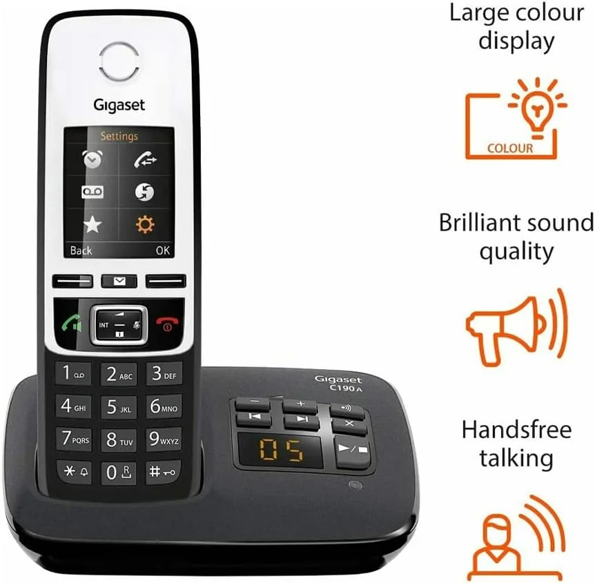 تلفن بی سیم خانگی ممتاز گیگاست C190A DUO با منشی تلفنی و مسدود کردن تماس های مزاحم - 2 گوشی، مشکی/نقره ای