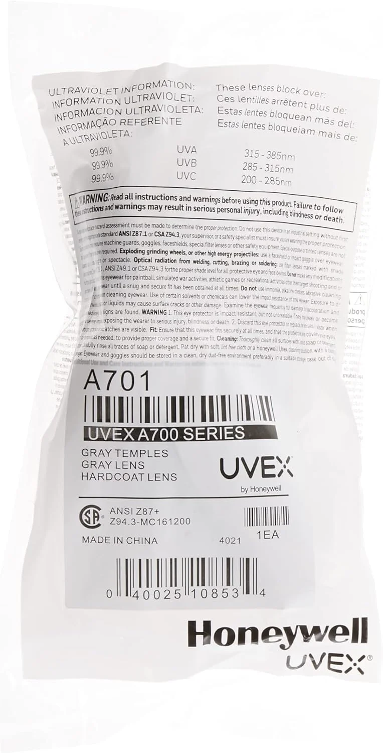 عینک ایمنی سری Uvex Honeywell Home A701، لنز خاکستری با پوشش سخت ضد خش