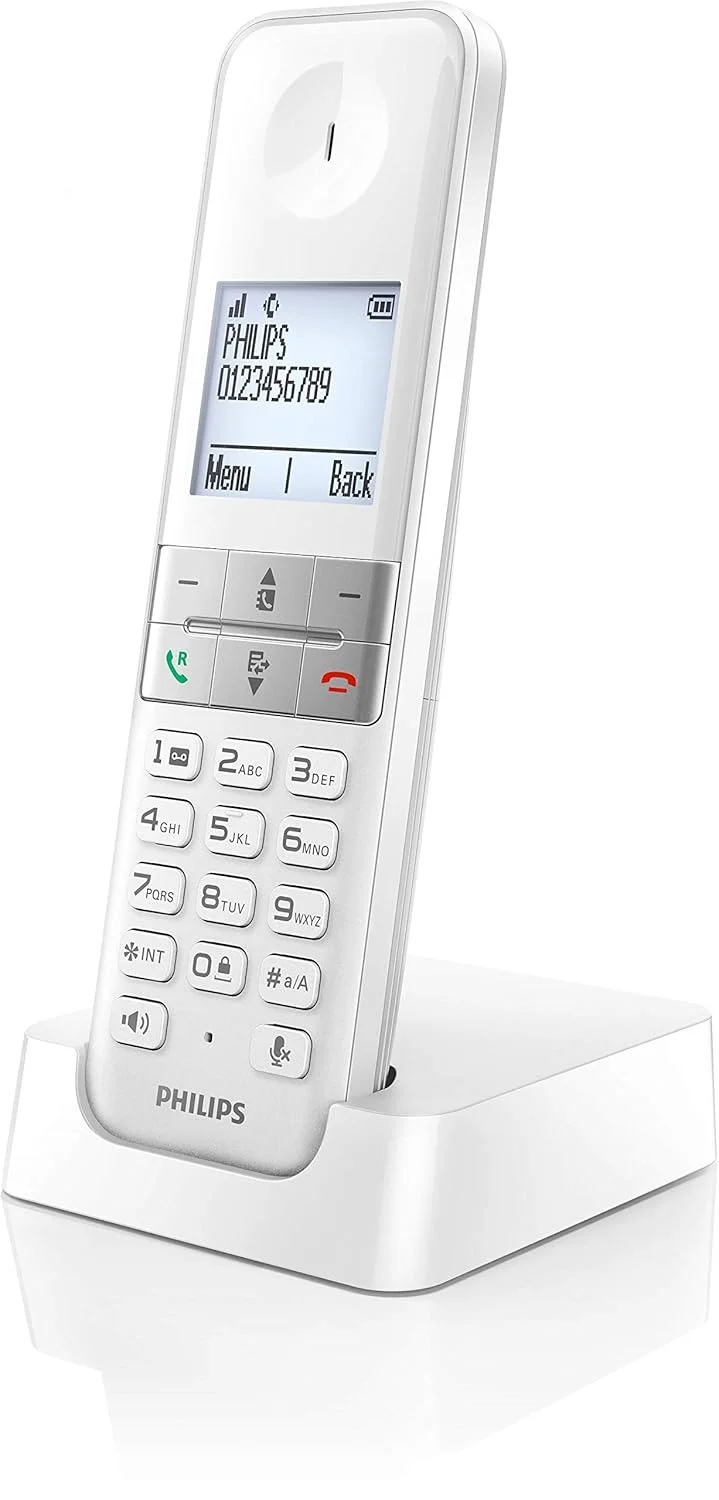 تلفن بی سیم فیلیپس مدل DECT D4701W/34، 16 ساعت مکالمه، نور پس زمینه، صدای HQ، هندزفری، نمایشگر شماره تماس گیرنده، دفترچه تلفن 50 نام و شماره - سفید (سازگار با: ES, IT, FR) تلفن بی سیم فیلیپس مدل DECT D4701W/34، 16 ساعت مکالمه، نور پس زمینه، صدای HQ، هندزفری، نمایشگر شماره تماس گیرنده، دفترچه تلفن 50 نام و شماره - سفید (سازگار با: ES, IT, FR)