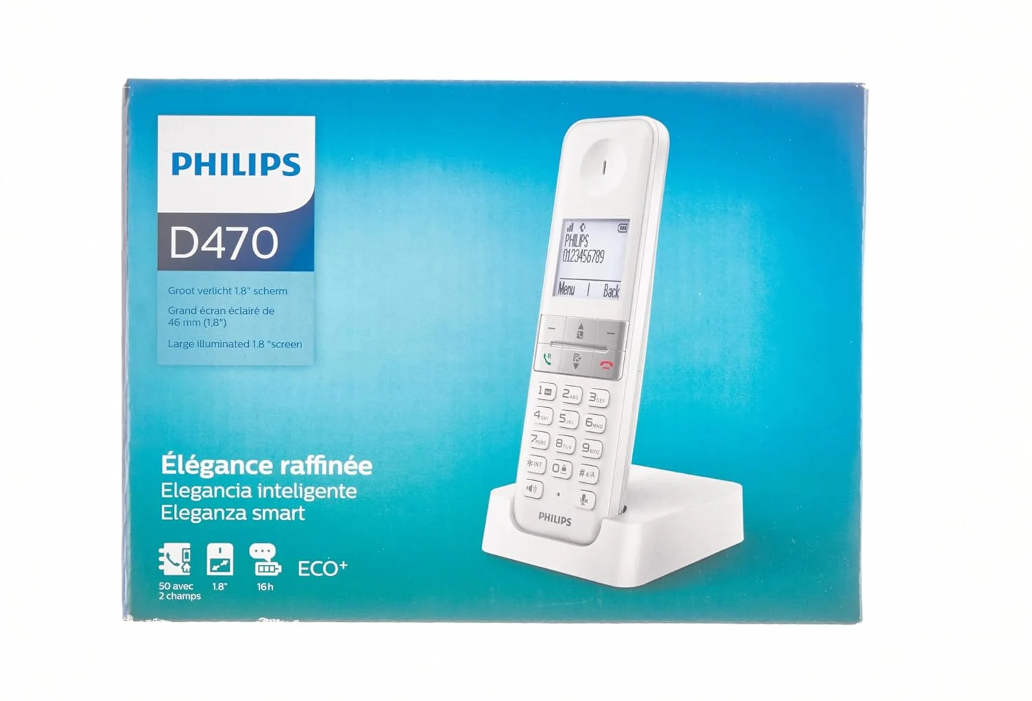 تلفن بی سیم فیلیپس مدل DECT D4701W/34، 16 ساعت مکالمه، نور پس زمینه، صدای HQ، هندزفری، نمایشگر شماره تماس گیرنده، دفترچه تلفن 50 نام و شماره - سفید (سازگار با: ES, IT, FR)