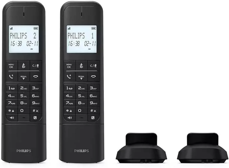 تلفن بی سیم ثابت فیلیپس مدل M4702B/12-2 DECT، صفحه نمایش 4.6 سانتی متری، صفحه نمایش LCD، نور پس زمینه، دفترچه تلفن 50 شماره، هندزفری، کلیدهای قابل برنامه ریزی، صدای HQ - مشکی (سازگار: ES, per) تلفن بی سیم ثابت فیلیپس مدل M4702B/12-2 DECT، صفحه نمایش 4.6 سانتی متری، صفحه نمایش LCD، نور پس زمینه، دفترچه تلفن 50 شماره، هندزفری، کلیدهای قابل برنامه ریزی، صدای HQ - مشکی (سازگار: ES, per)