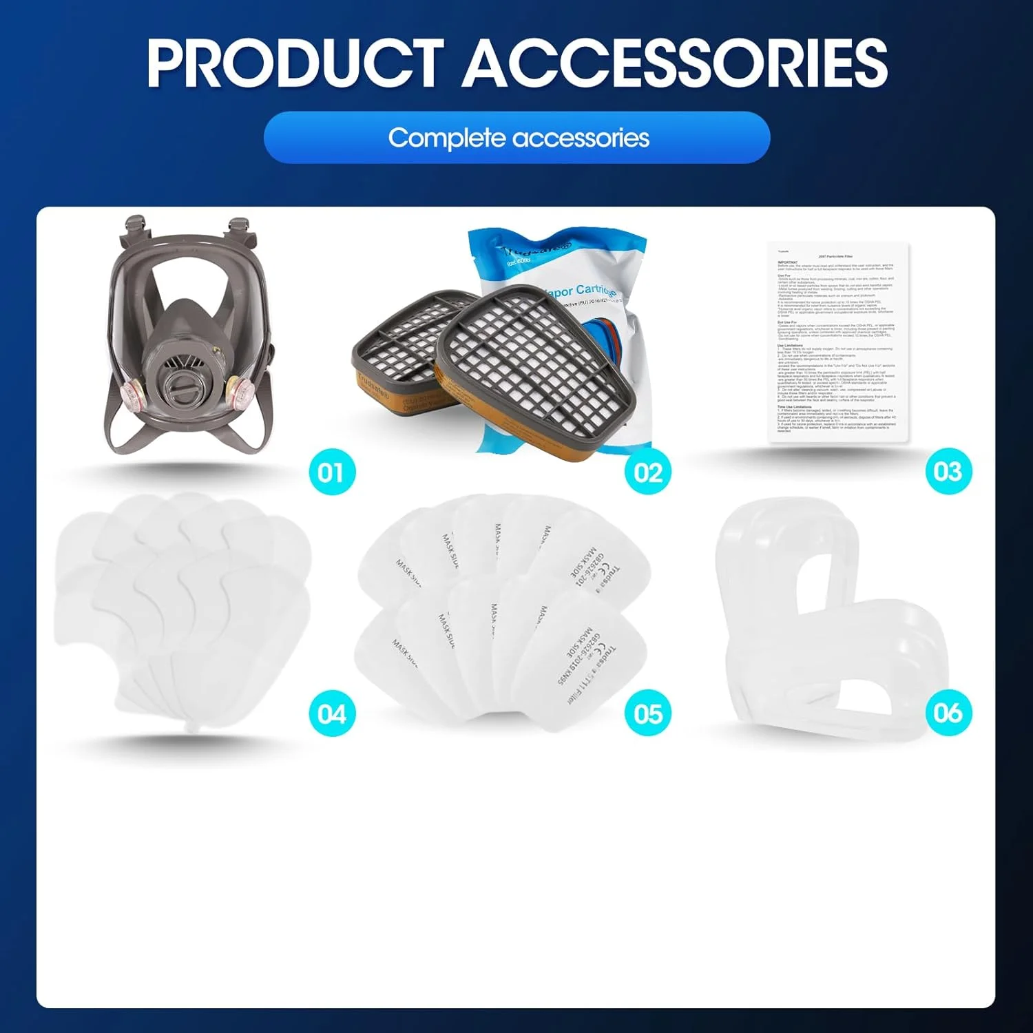 ماسک تنفسی تمام صورت ترودسیف 25 در 1 برای رنگ آمیزی، بخارات آلی و گرد و غبار، دو نوع اتصال دهنده، شامل 10 عدد پوشش لنز، ماسک گاز با فیلتر بخارات آلی